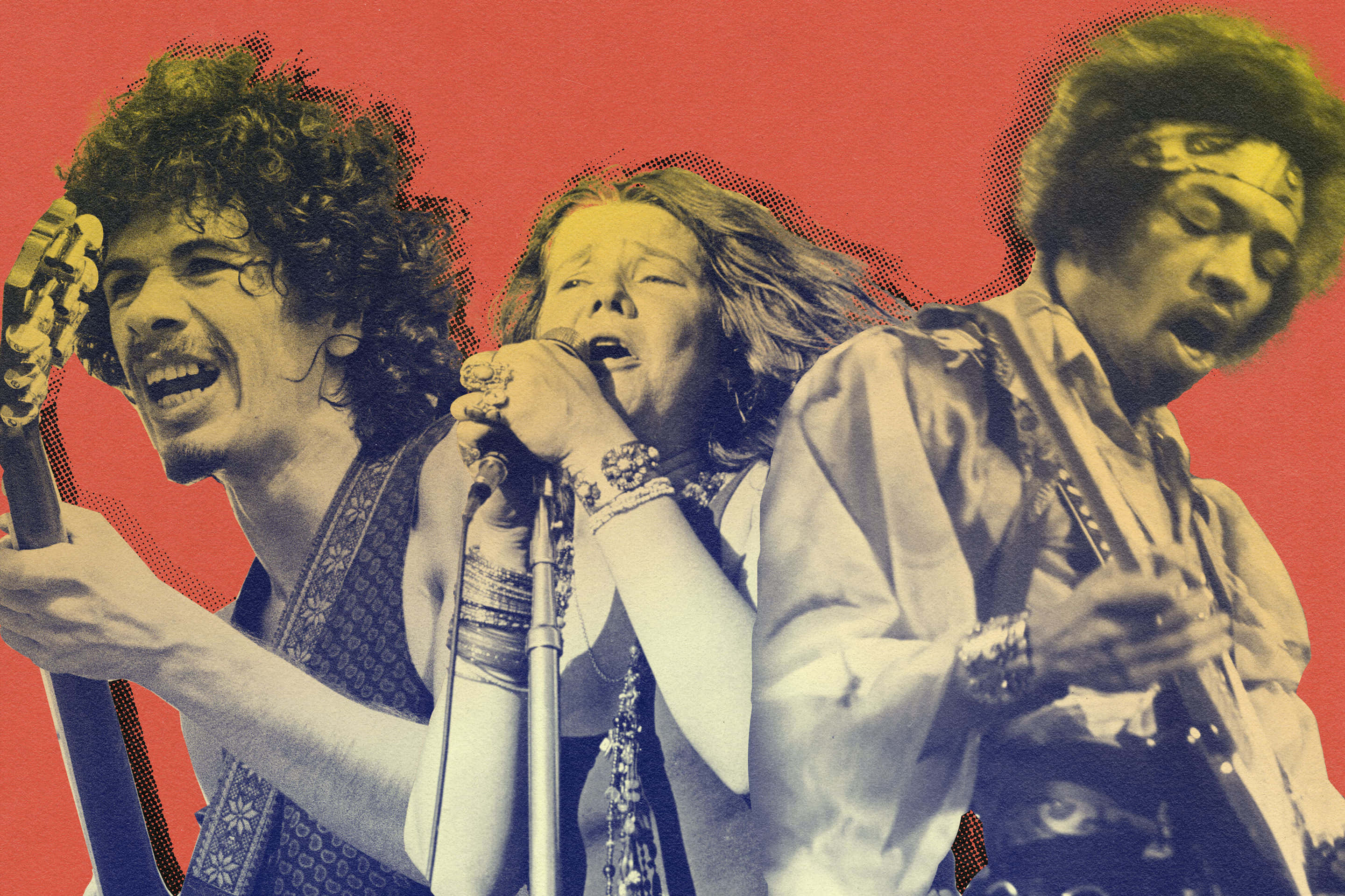 Woodstock 桌布 壁紙 — 三位迷幻搖滾音樂家在鮮紅色半色調背景前熱情演出。