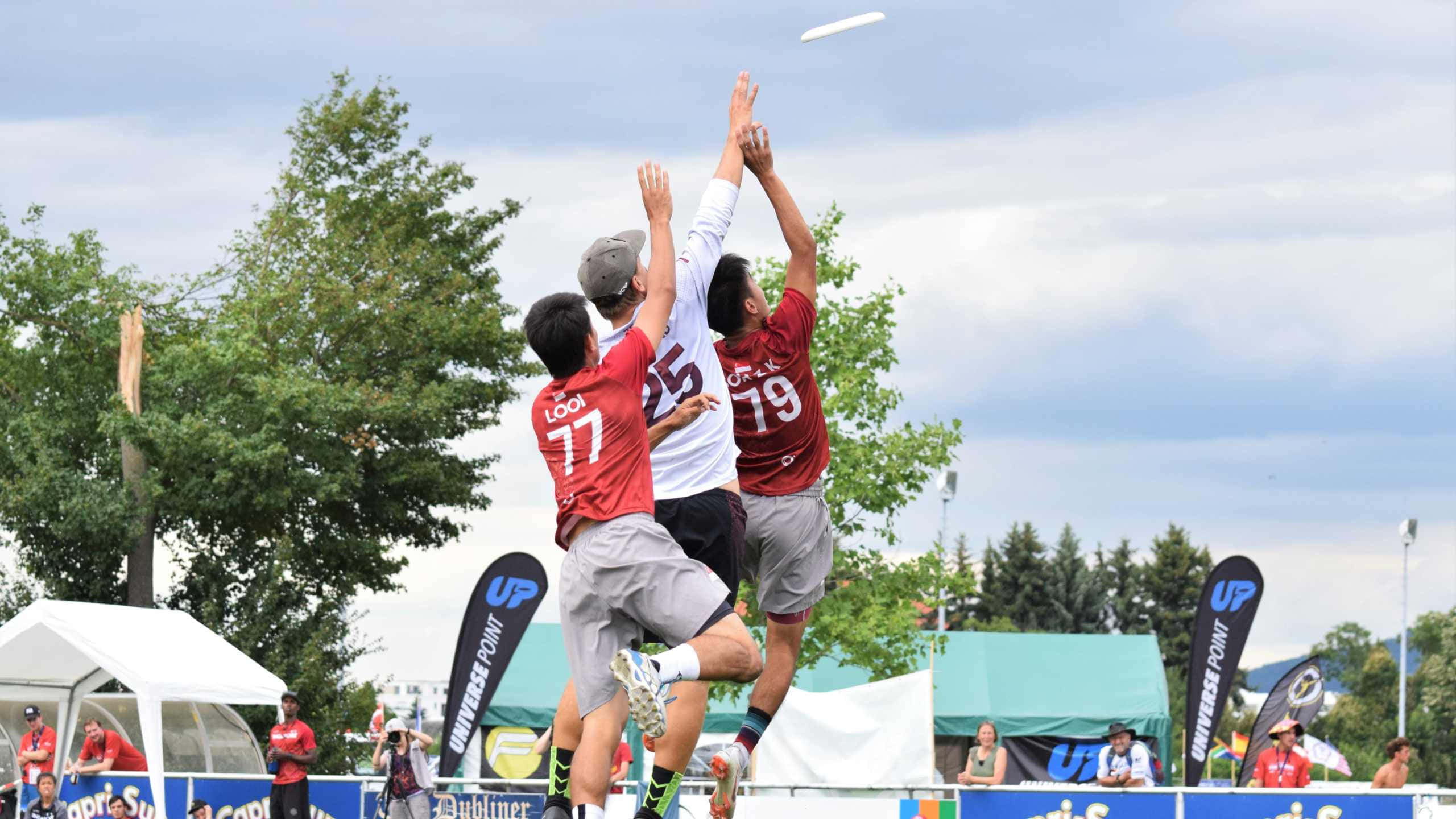 運動 桌布 壁紙 — 三位運動員齊心協力高高躍起，在陰天背景下，背景有樹木和活動帳篷，接住飛行的飛盤。