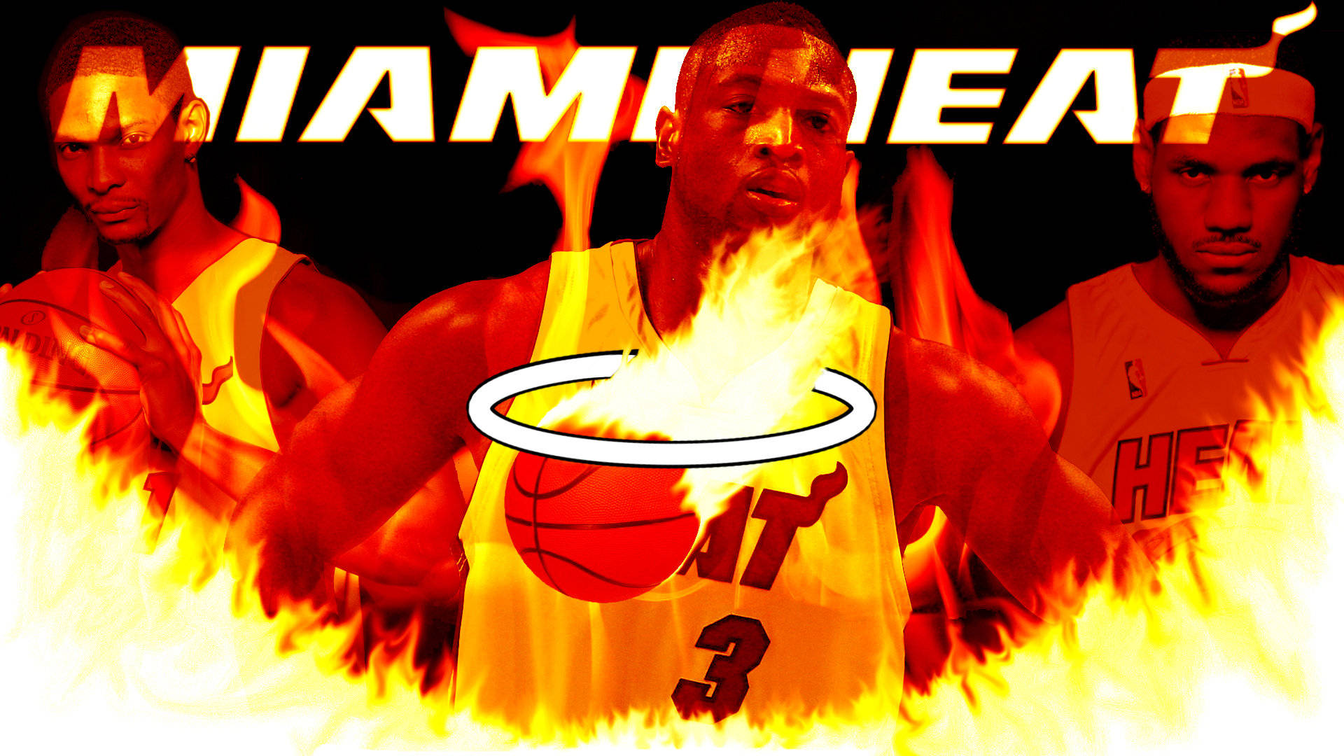Heat 桌布 壁紙 — 三位邁阿密熱火籃球運動員從火焰中出現，表情強烈，帶有熾熱的橙色光芒。