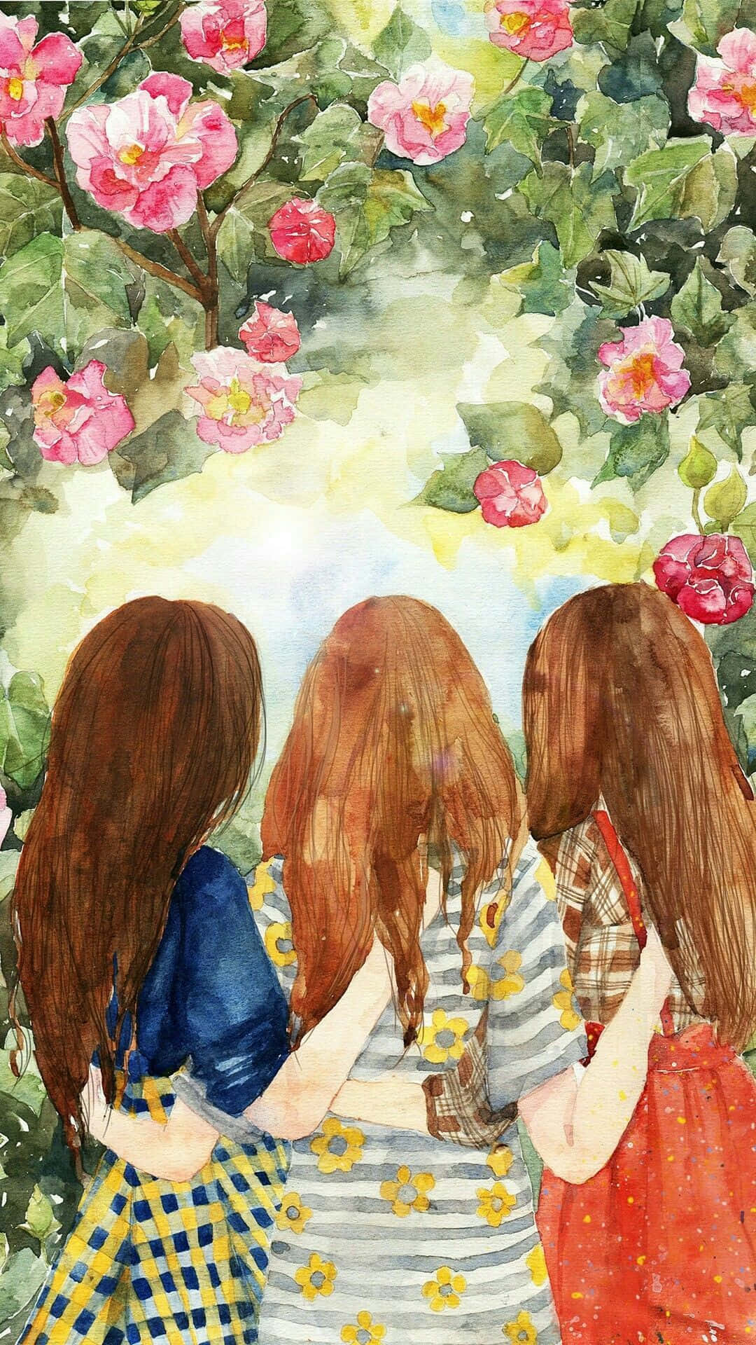 Art Drawing 桌布 壁紙 — 三位長髮女孩手挽手站在水彩畫中粉紅色花朵和綠色葉子的華蓋下。