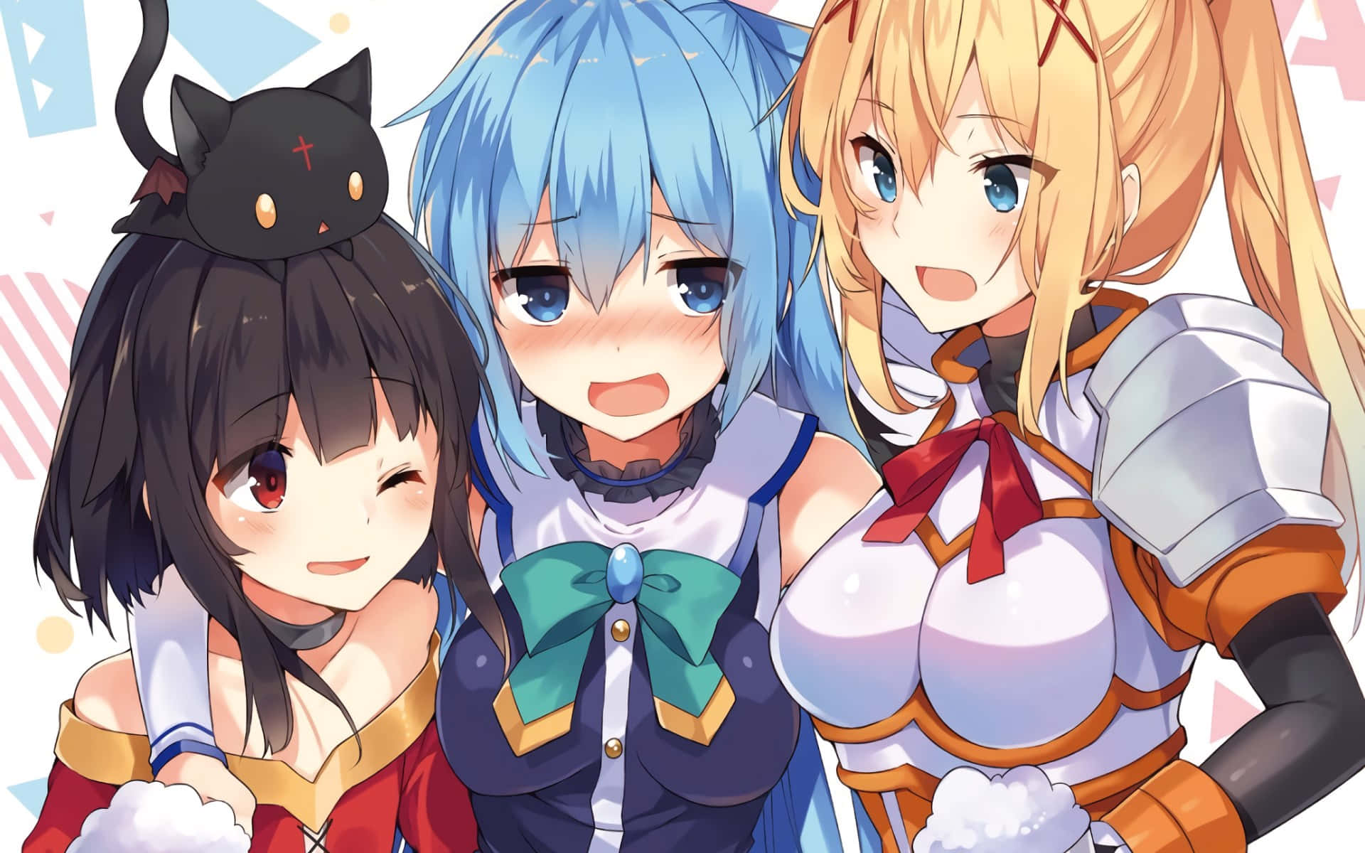Konosuba God's Blessing On This Wonderful World 桌布 壁紙 — 三位開朗的動漫女孩，穿著不同的服裝和表情，在色彩繽紛的幾何背景前一起擺姿勢。