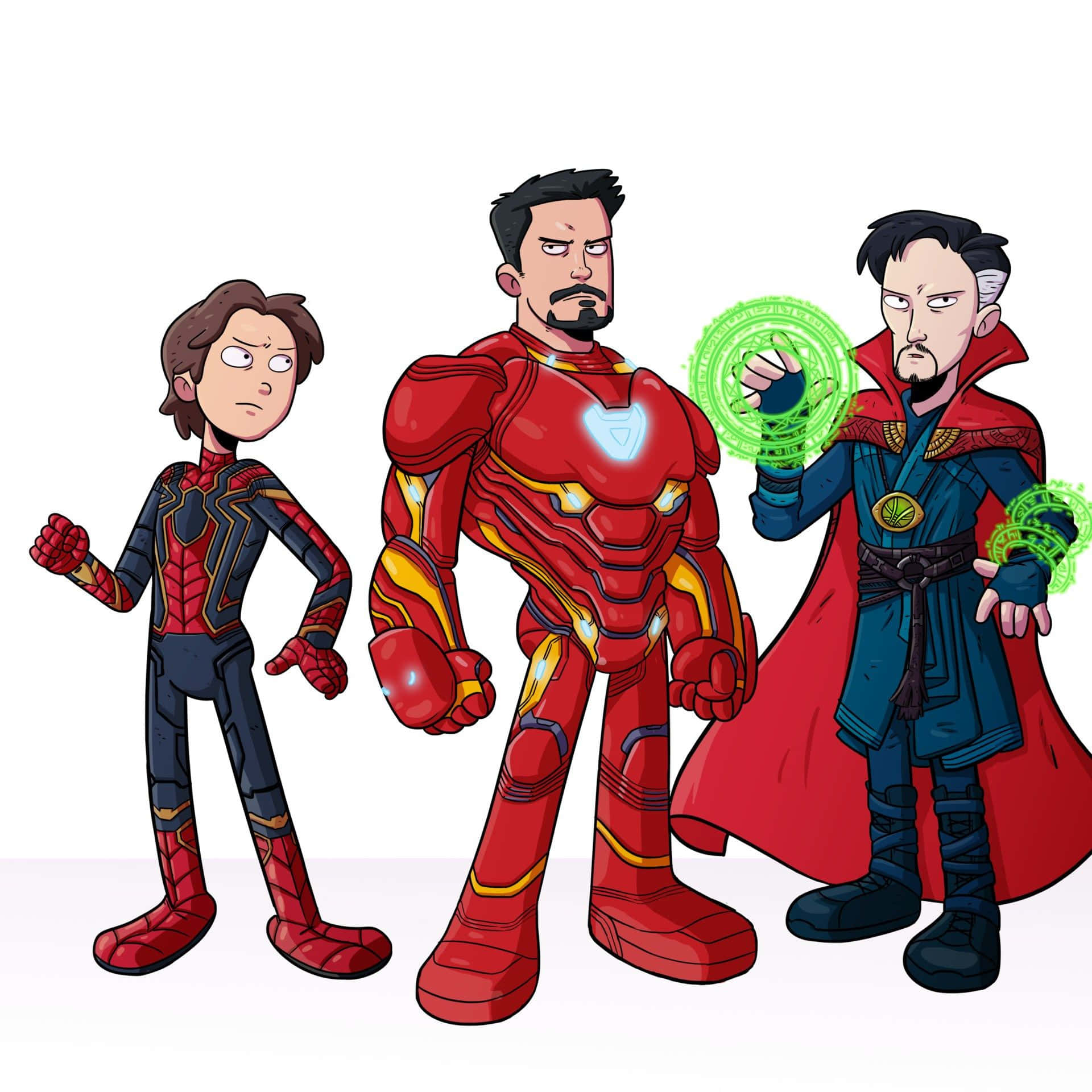 Earth's Mightiest Heroes 桌布 壁紙 — 三位風格化卡通形式的超級英雄自信地站在純白色背景前。