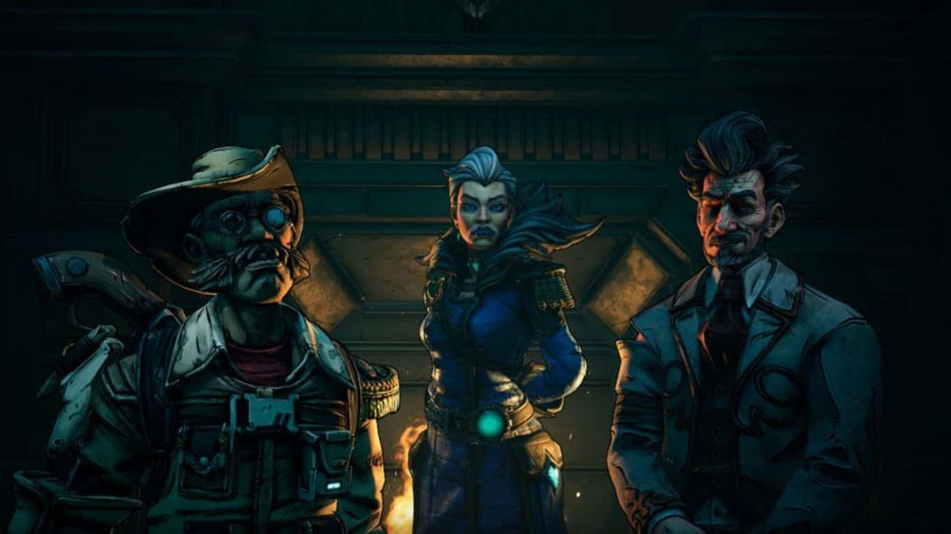 1366x768 Borderlands 3 桌布 壁紙 — 三位風格化的冒險家，眼睛發光，裝備粗獷，站在一個光線昏暗、裝飾華麗的房間裡，溫暖的火光投射出戲劇性的陰影。