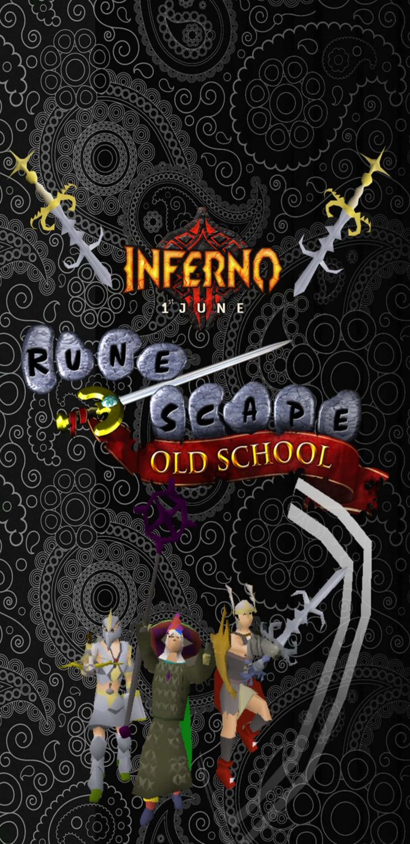 Pixel 3xl Runescape Oldschool 桌布 壁紙 — 三位風格化的冒險家站在一個熾熱的Inferno標誌前，周圍環繞著華麗的劍和漩渦圖案，背景為深色。