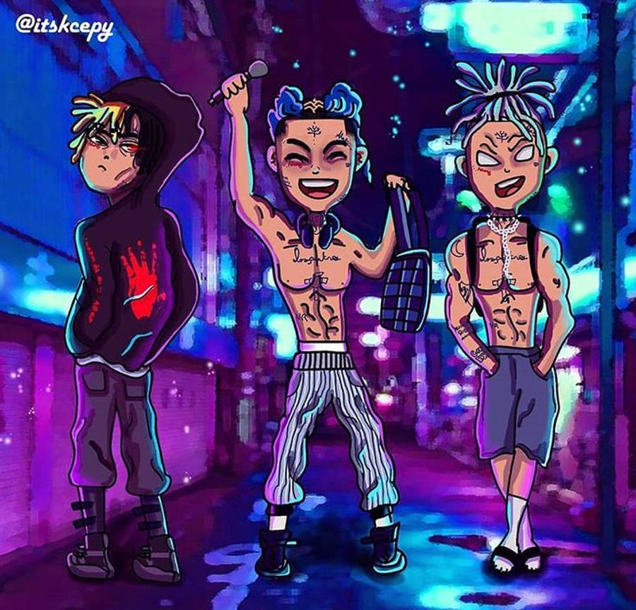酷酷的xxxtentacion 桌布 壁紙 — 三位風格化的卡通饒舌歌手，帶有刺青和彩色頭髮，在夜晚霓虹燈照亮的城市小巷中自信地擺姿勢。