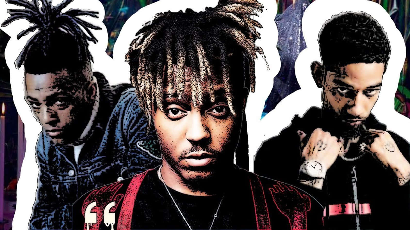 Rappers 桌布 壁紙 — 三位風格化的嘻哈藝術家，留著辮子頭和刺青，在充滿活力的塗鴉背景前擺姿勢。