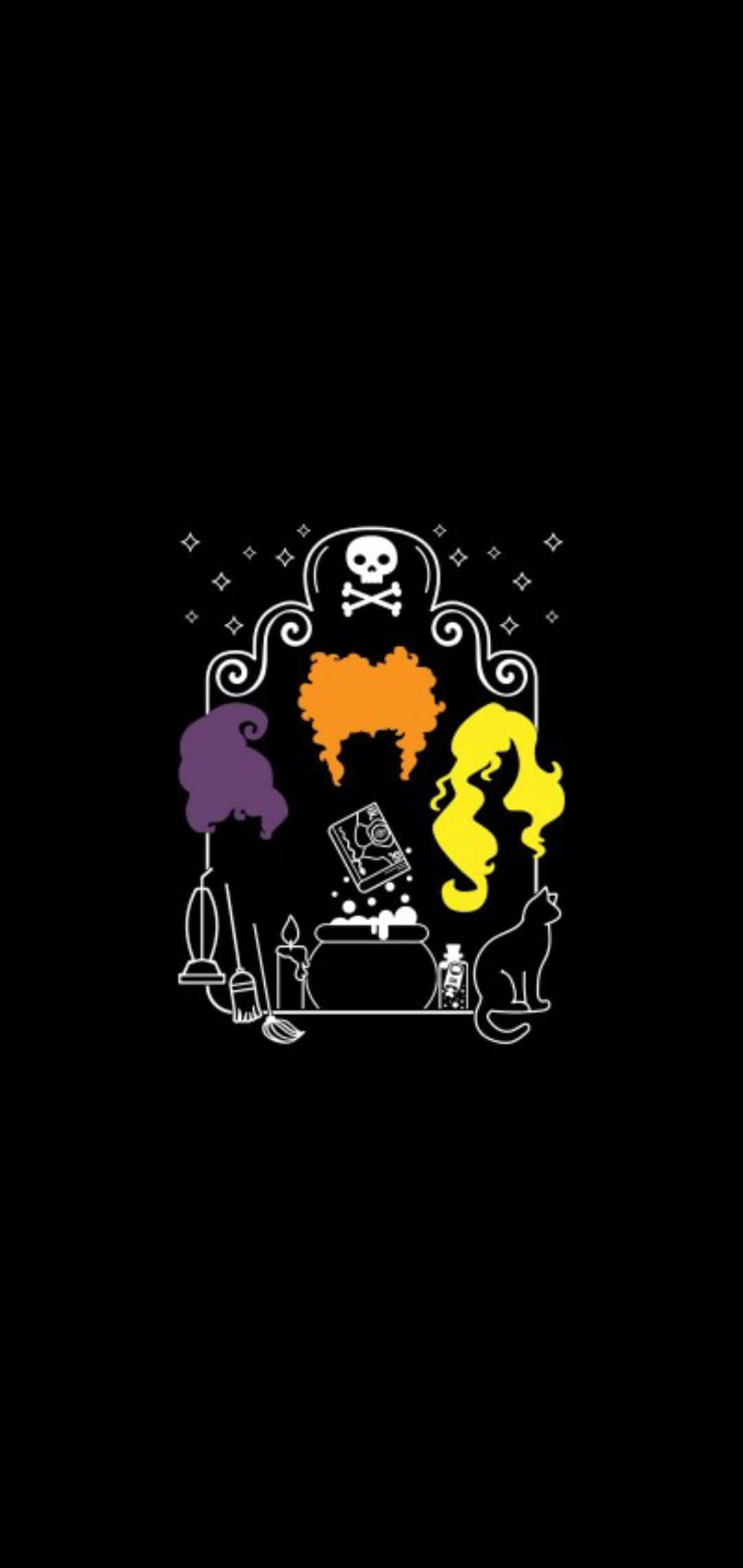 Hocus Pocus 桌布 壁紙 — 三位風格化的女巫，擁有紫色、橙色和黃色的頭髮，在黑色背景上一個裝飾著頭骨的拱門下釀造藥水。