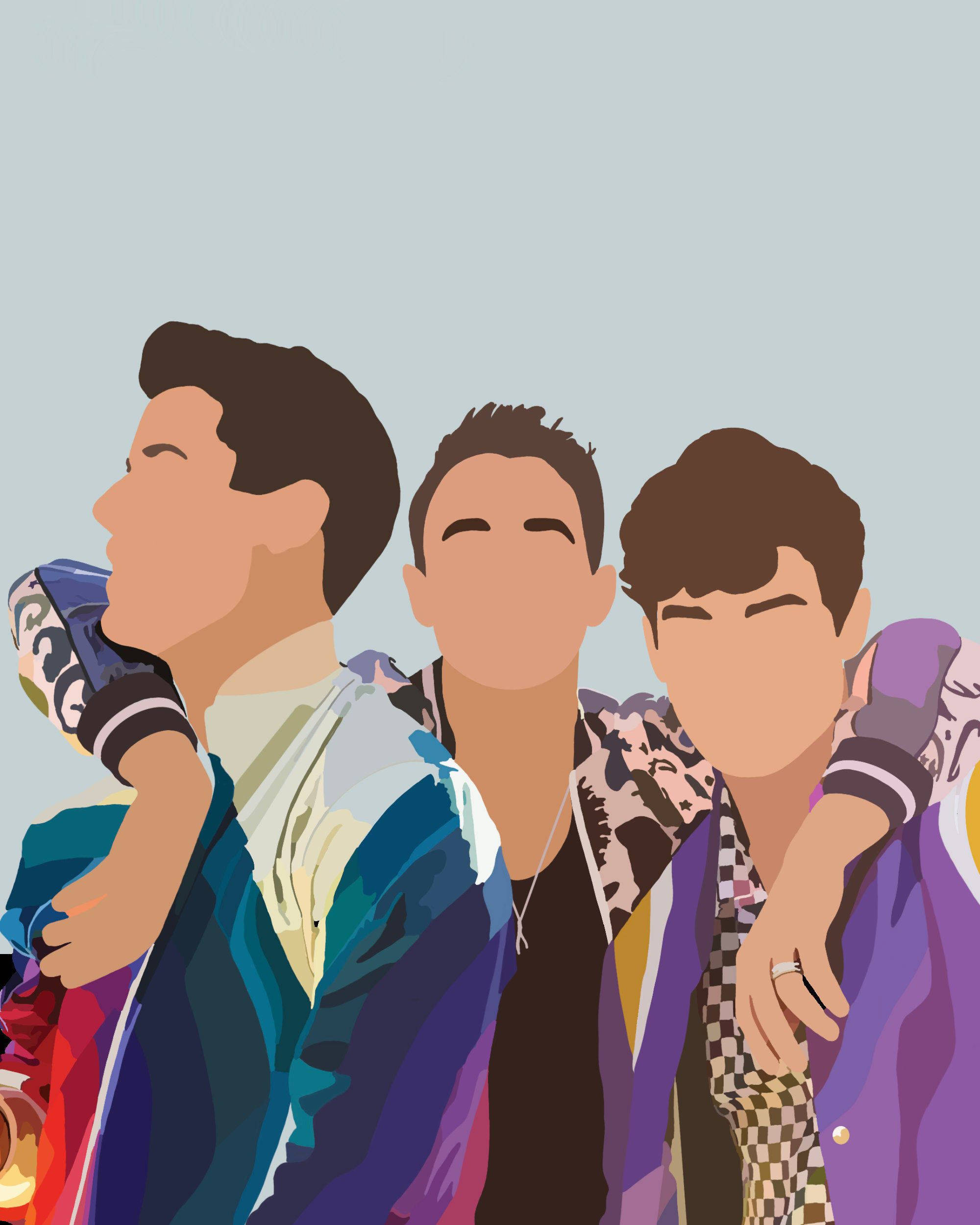 Jonas Brothers 桌布 壁紙 — 三位風格化的年輕男子穿著色彩繽紛的夾克，緊密地站在一起，背景是淡藍色。