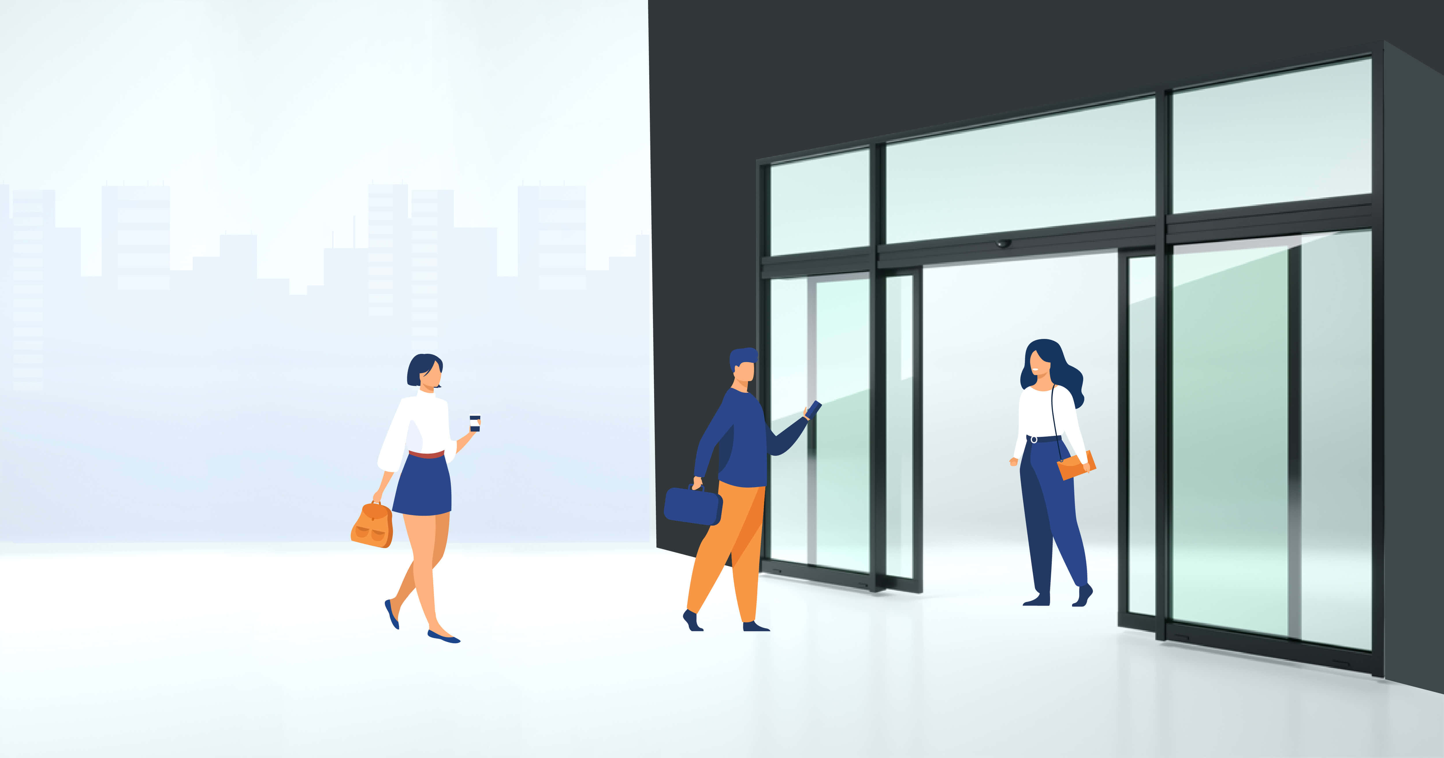 Door 桌布 壁紙 — 三位風格化的辦公室職員在朦朧的城市天際線背景下進出一棟現代玻璃建築。