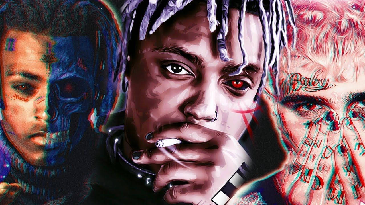Juice Wrld Desktop 桌布 壁紙 — 三位風格化饒舌歌手的生動數位藝術肖像，帶有故障效果、刺青和強烈的凝視。