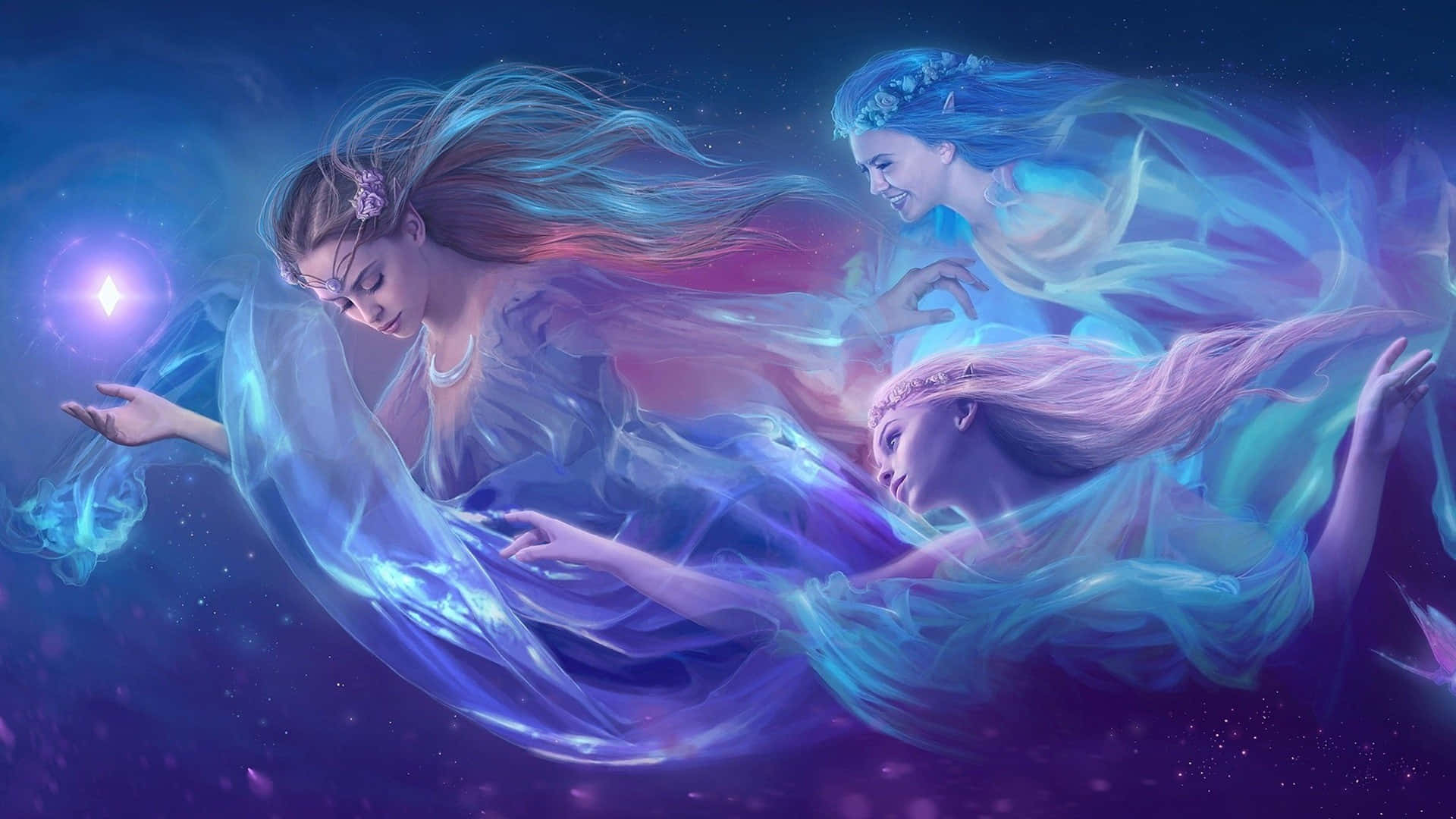 仙女 桌布 壁紙 — 三位飄逸長髮的靈性女子在星際宇宙虛空中飄浮，散發神秘光芒，手持一顆璀璨水晶。