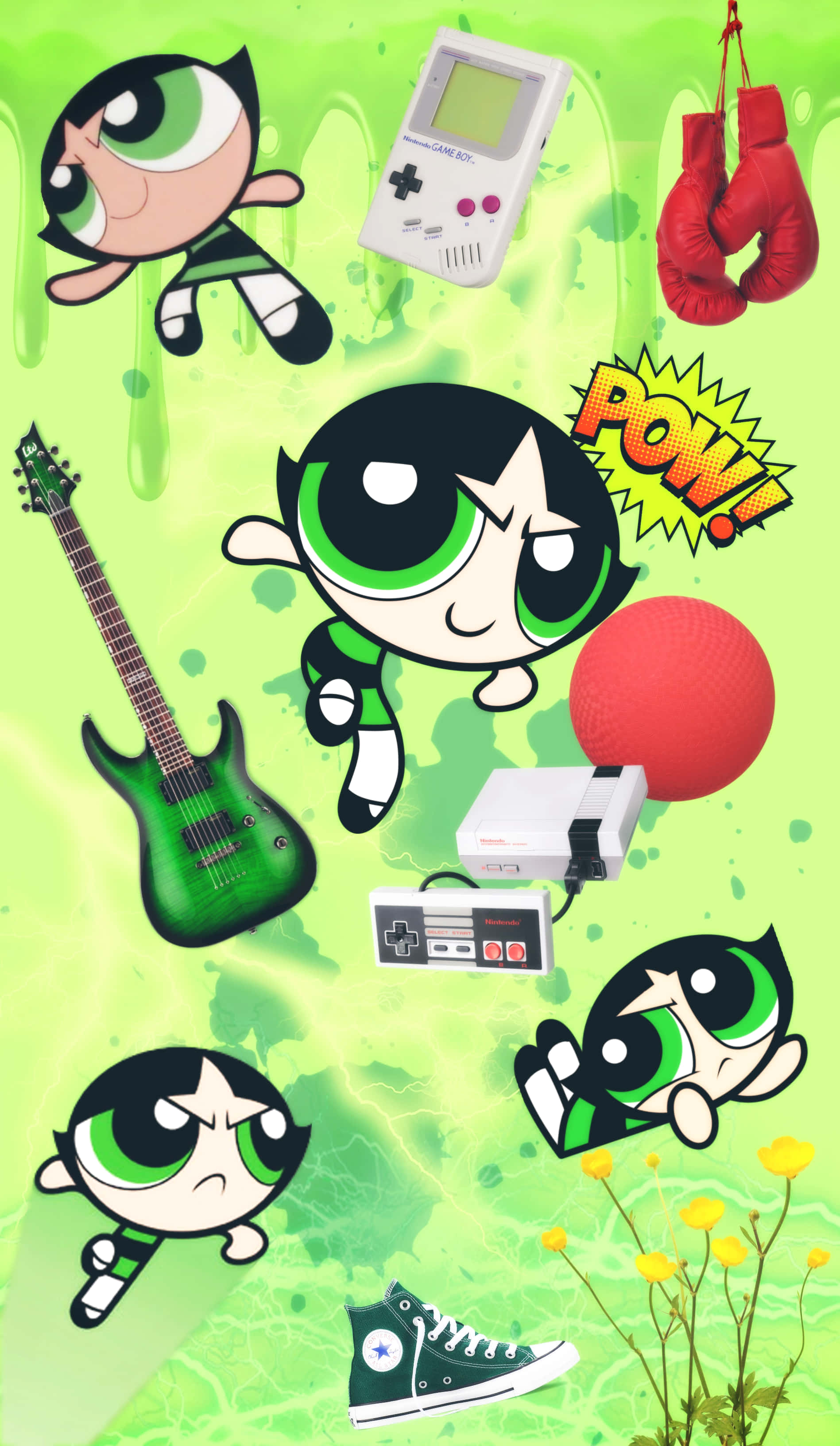 Buttercup Aesthetic 桌布 壁紙 — 三位飛天小女警漂浮在遊戲裝備、吉他、拳擊手套和運動鞋之間，背景是充滿活力的綠色潑濺圖案。