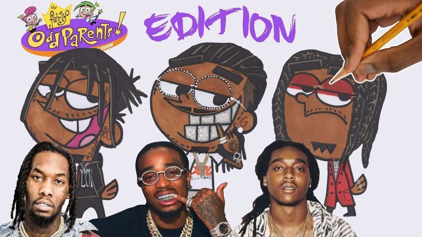Ynw Melly Cartoon 桌布 壁紙 — 三位饒舌歌手在《趣怪守護仙》的卡通版自己下方擺姿勢，有一隻手正在畫其中一個。