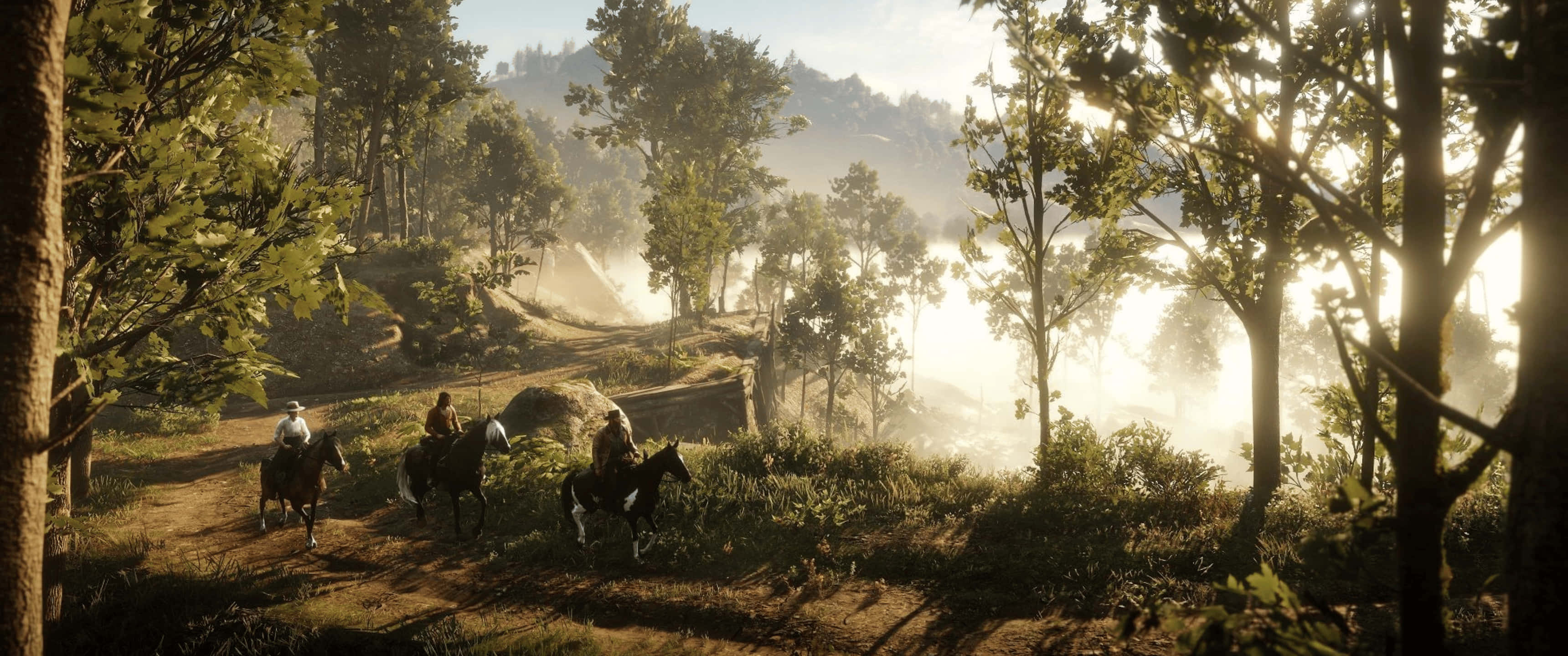 horses 桌布 壁紙 — 三位騎手騎著馬穿過陽光普照的森林小徑，金色的晨光穿過樹木灑落。