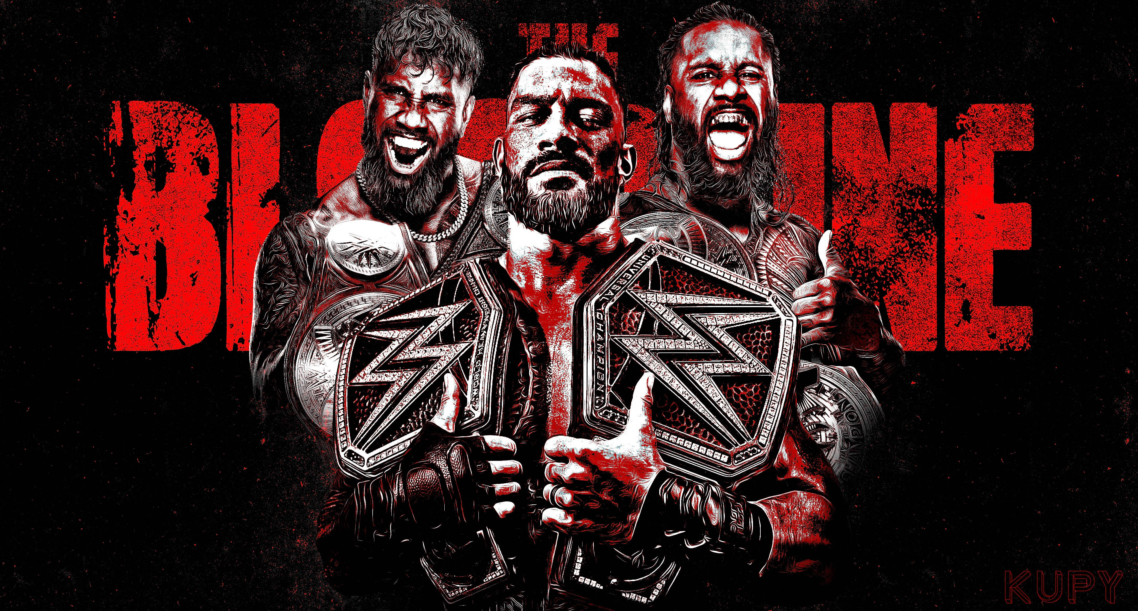 WWE 桌布 壁紙 — 三位鬍鬚摔角手在粗糙的紅黑背景下高舉冠軍腰帶，發出勝利的咆哮。