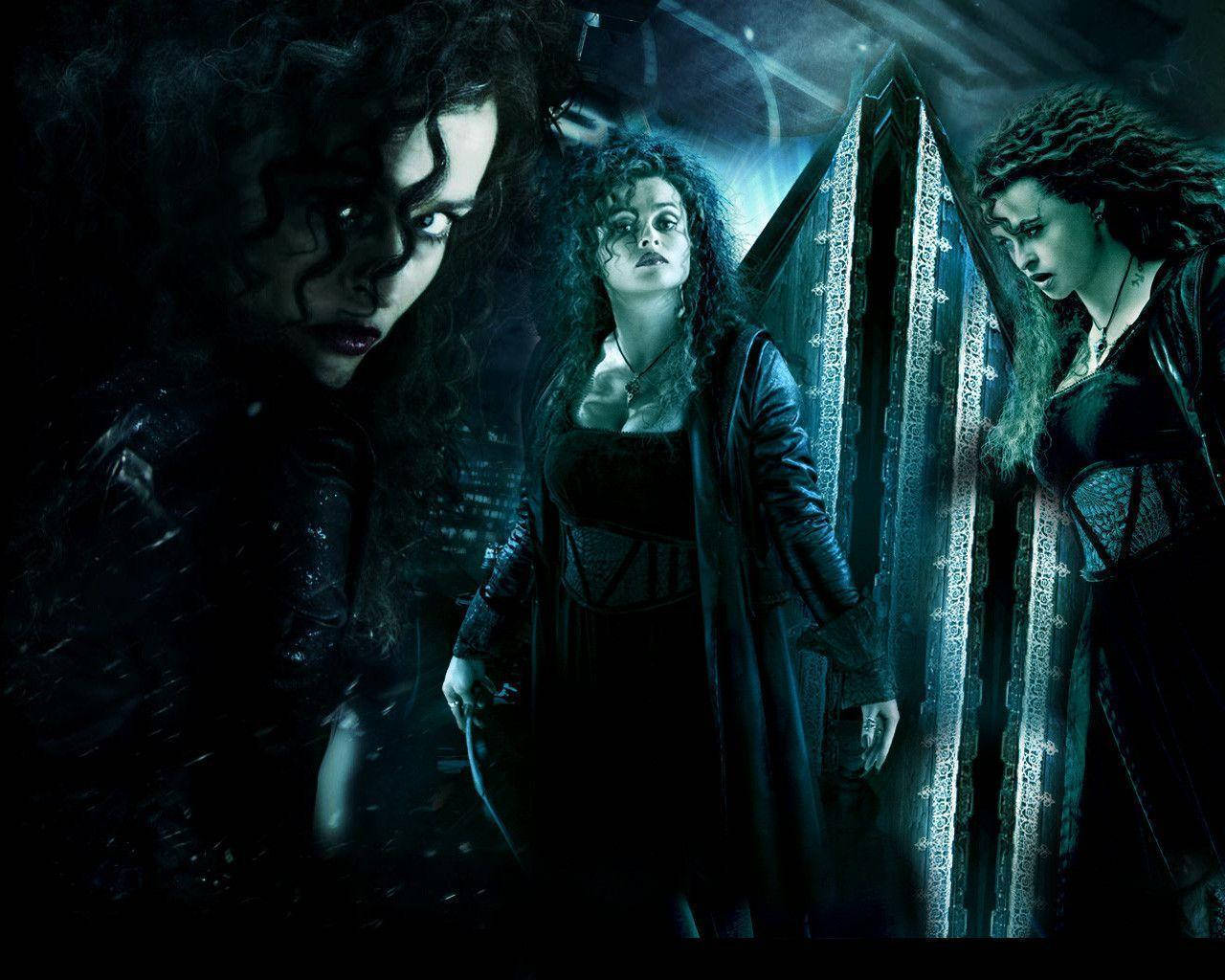 Bellatrix 桌布 壁紙 — 三位黑髮女性穿著哥德式服裝，在陰暗、冰藍色燈光的房間中，與華麗的柱子一起威嚇地站立。