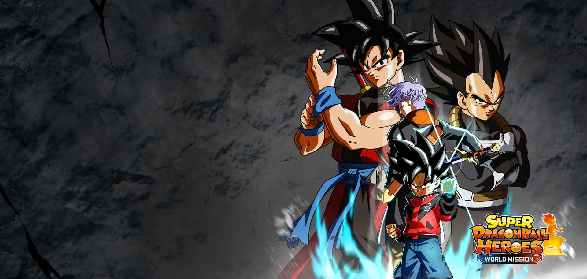 Dragon Ball Heroes 桌布 壁紙 — 三位龍珠英雄在裂開的深色石頭背景下，散發著發光的藍色能量效果，準備戰鬥。
