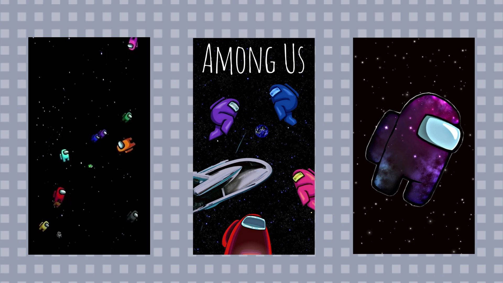 game 桌布 壁紙 — 三個 Among Us 遊戲面板顯示色彩繽紛的船員在繁星點點的太空中漂浮，配有一艘太空船和遊戲標題。