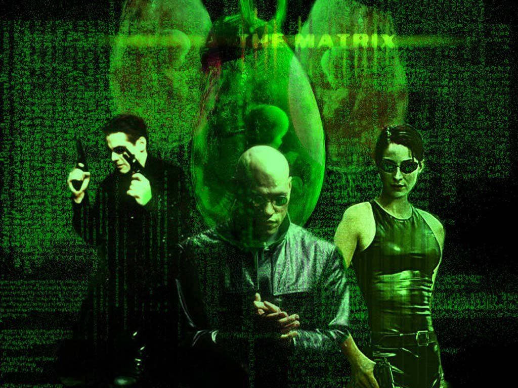 矩陣 桌布 壁紙 — 三個 cyberpunk 角色在綠色數位雨中站在一個發光球體前，球體上有 'THE MATRIX' 文字。