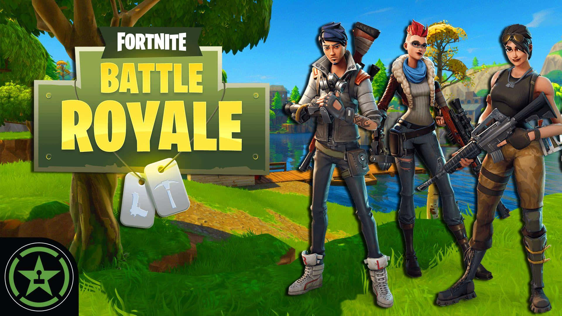 Fortnite Battle Royale 桌布 壁紙 — 三個 Fortnite Battle Royale 角色在充滿活力的草地戶外場景中手持武器準備就緒。