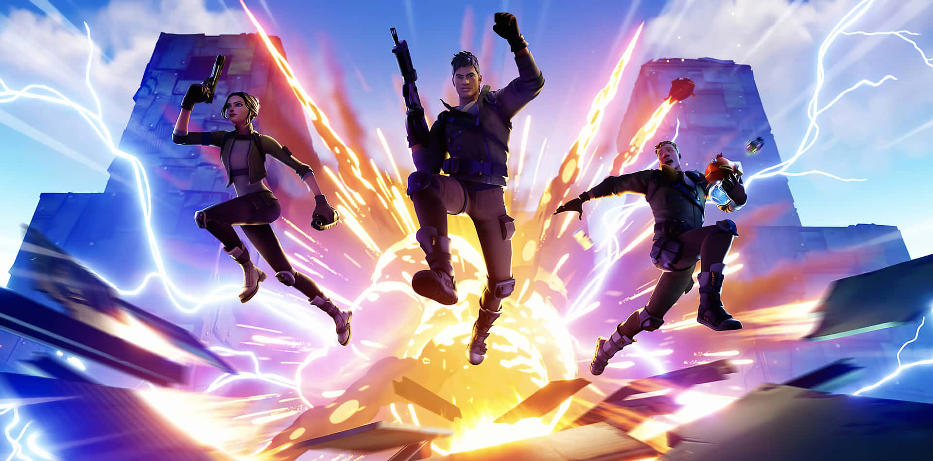 Fortnite 桌布 壁紙 — 三個 Fortnite 角色動態地跳過一個發光的爆炸，身後有閃電和未來主義的廢墟。