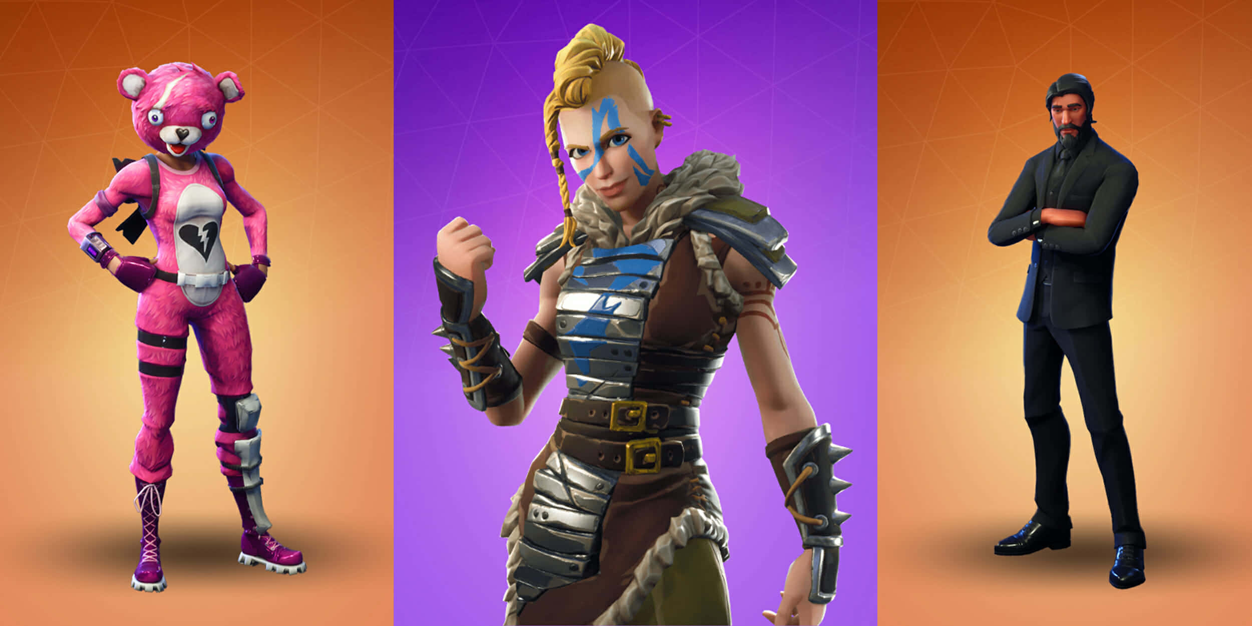 Fortnite 桌布 壁紙 — 三個 Fortnite 角色在漸變背景前自信地擺姿勢：一隻粉紅熊、一個藍色臉部彩繪的戰士，以及一個交叉雙臂的西裝男。