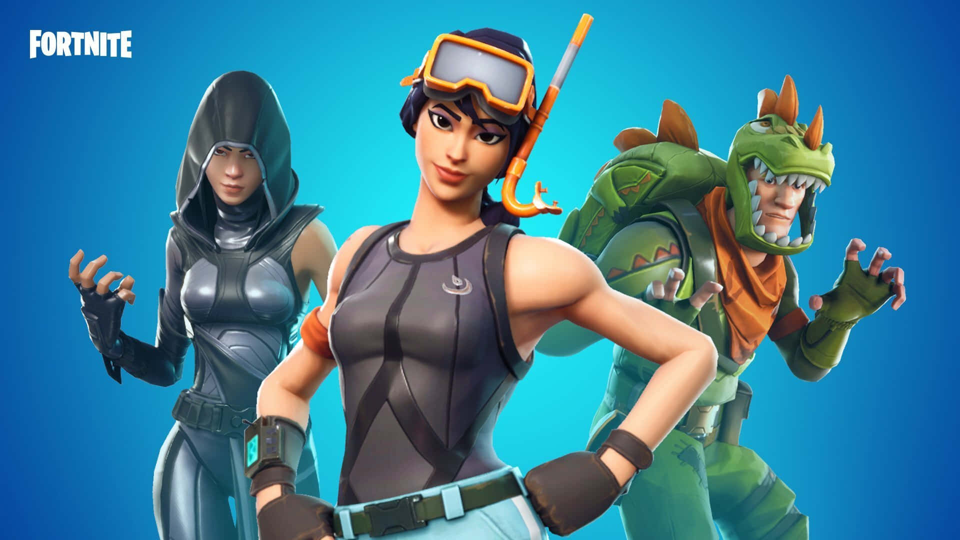 Fortnite 桌布 壁紙 — 三個 Fortnite 角色在純藍色背景上自信地擺姿勢，遊戲標誌位於左上角。