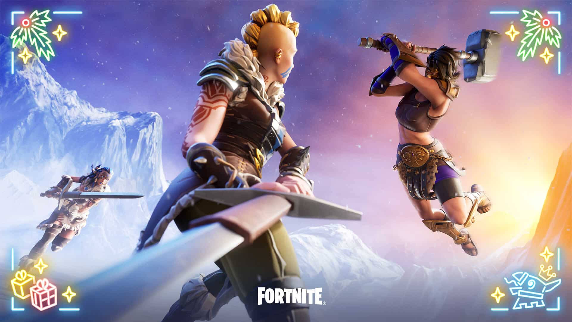 電玩遊戲 桌布 壁紙 — 三個 Fortnite 角色在雪山的背景下與節日圖標動態戰鬥。