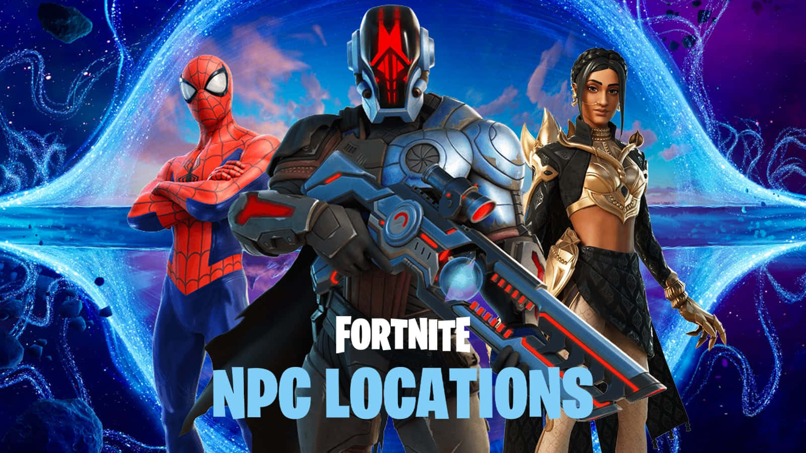 桌布 壁紙 — 三個 Fortnite 角色自信地站在宇宙藍色和紫色能量漩渦背景前。