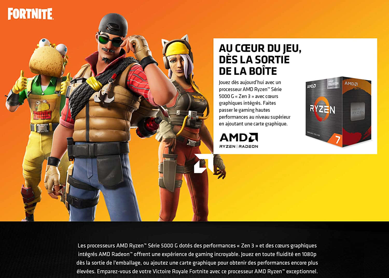 AMD 桌布 壁紙 — 三個 Fortnite 角色自信地擺姿勢，旁邊放著一個 AMD Ryzen 7 處理器盒，背景是充滿活力的橙色和黃色漸變。