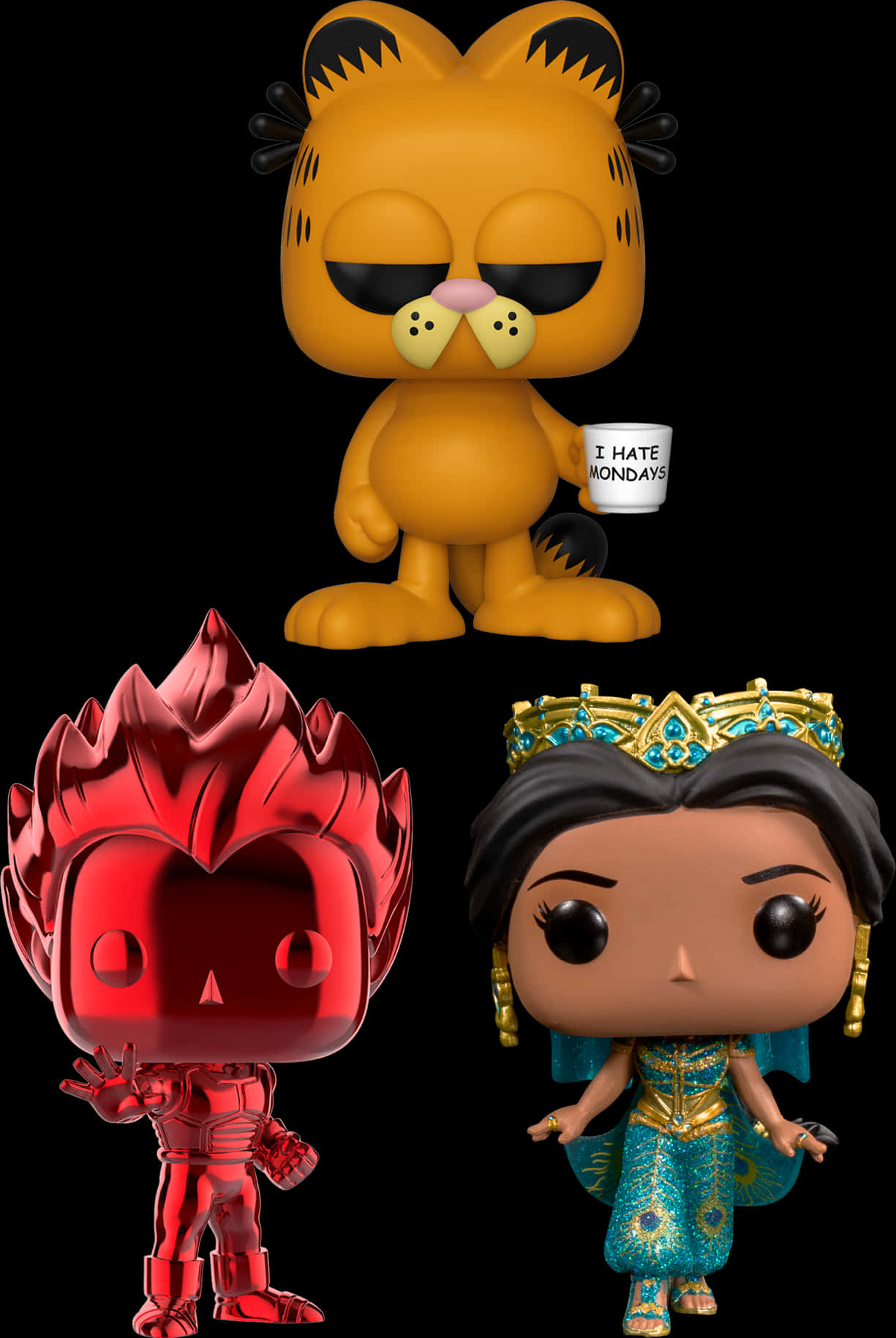 加菲貓 桌布 壁紙 — 三個 Funko Pop 公仔站在黑色背景前：加菲貓拿著杯子、一個紅色尖刺頭髮的角色、以及一位身穿藍色和金色服飾、戴著皇冠的公主。