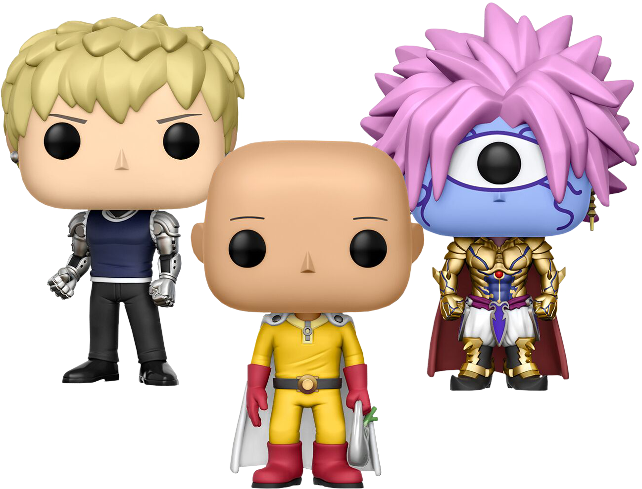 Punch 桌布 壁紙 — 三個 Funko Pop! 動漫角色人偶，擁有鮮明多彩的頭髮和服裝，站在純白色背景前。