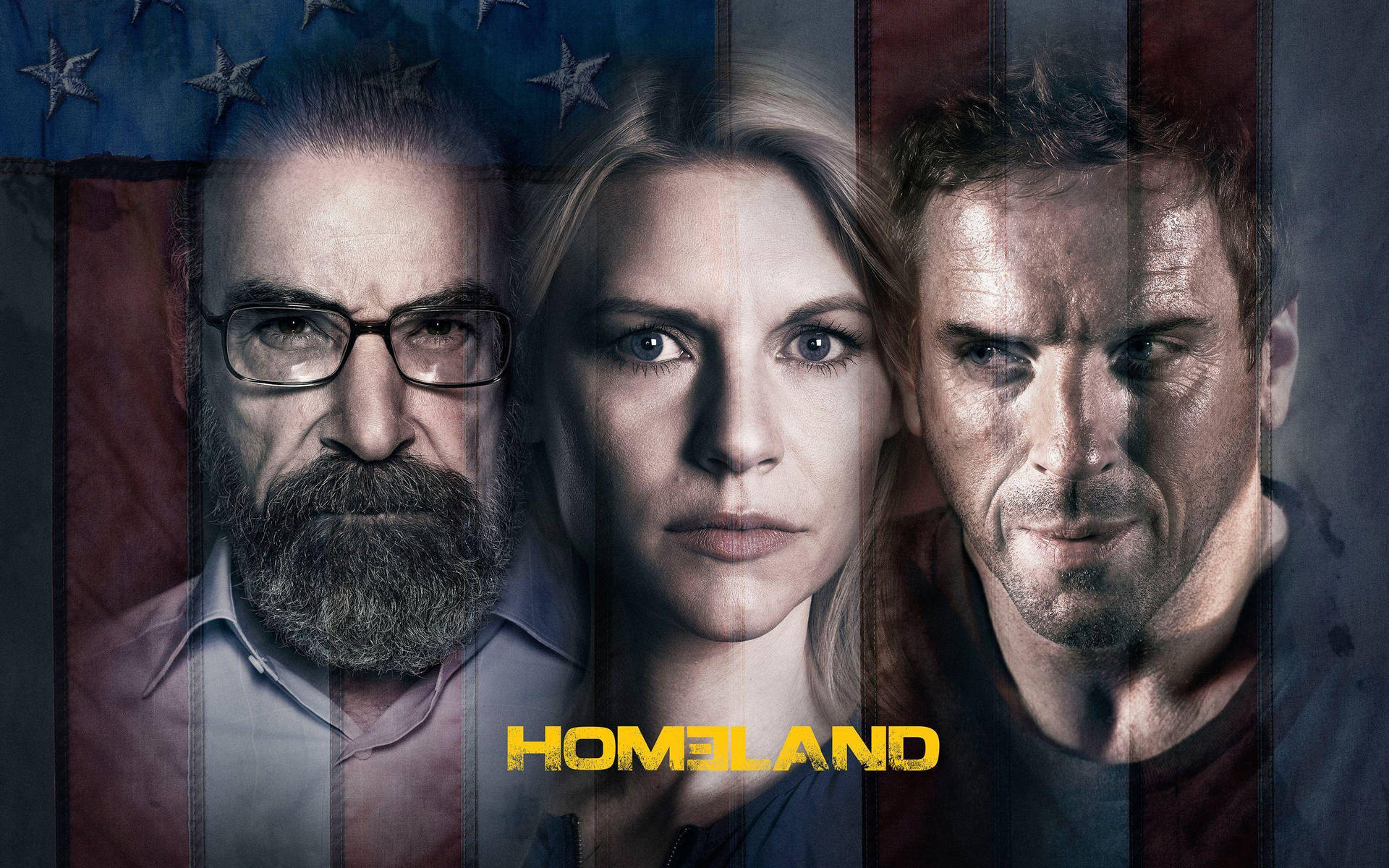 三個來自 Homeland 的嚴肅演員，背景為破損的美國國旗。 — 神秘 壁紙
