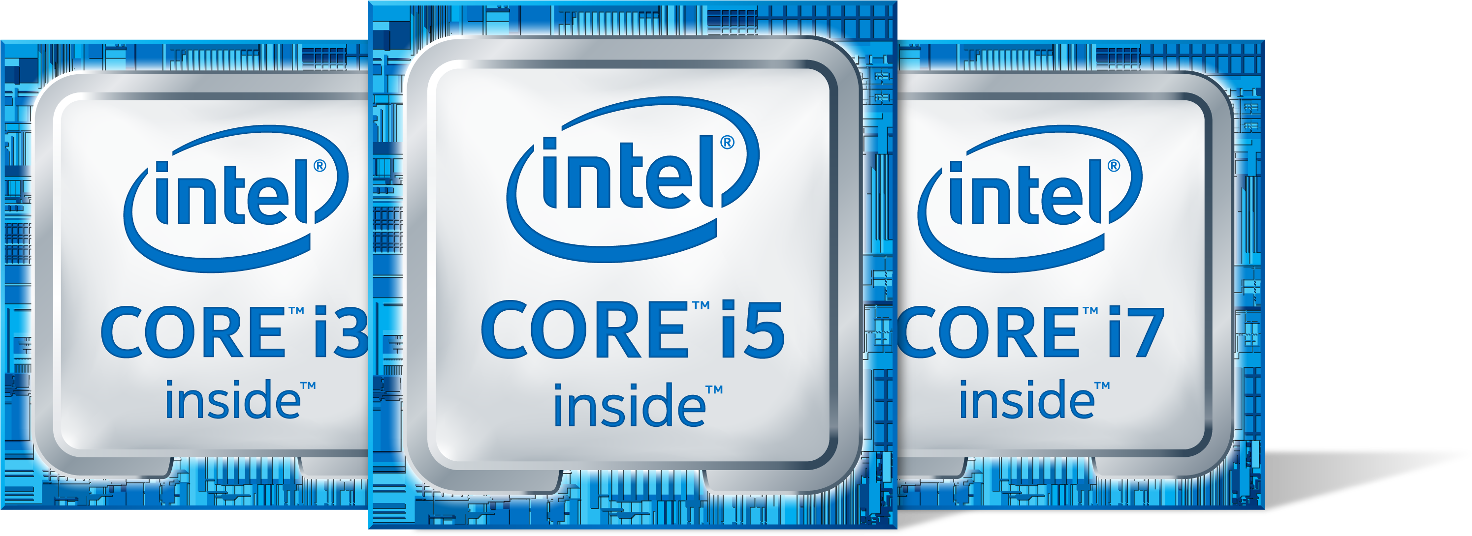 Cpu 桌布 壁紙 — 三個 Intel CPU 貼紙，標有 i3 i5 i7，顯示在藍色電路板背景上。