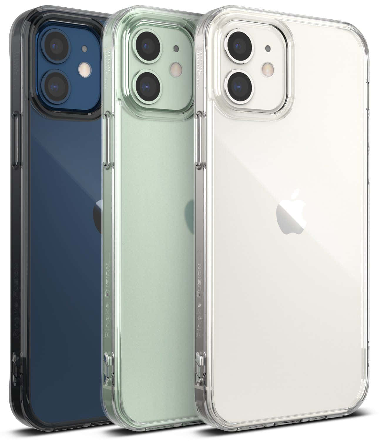 iPhone 12 桌布 壁紙 — 三個 iPhone 保護殼，分別為藍色、綠色和透明色，在純白背景上展示流暢的相機開孔和 Apple 標誌。