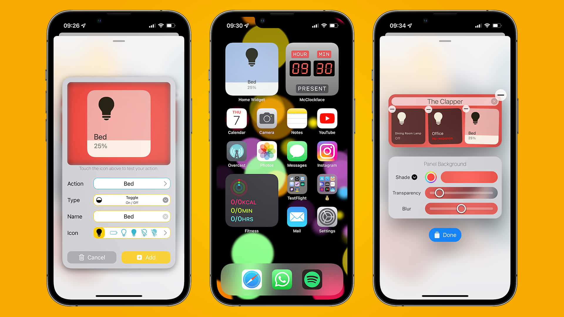 蘋果 桌布 壁紙 — 三個 iPhone 螢幕在鮮豔的橙色背景上顯示 iOS 控制中心的燈光和設定小工具。