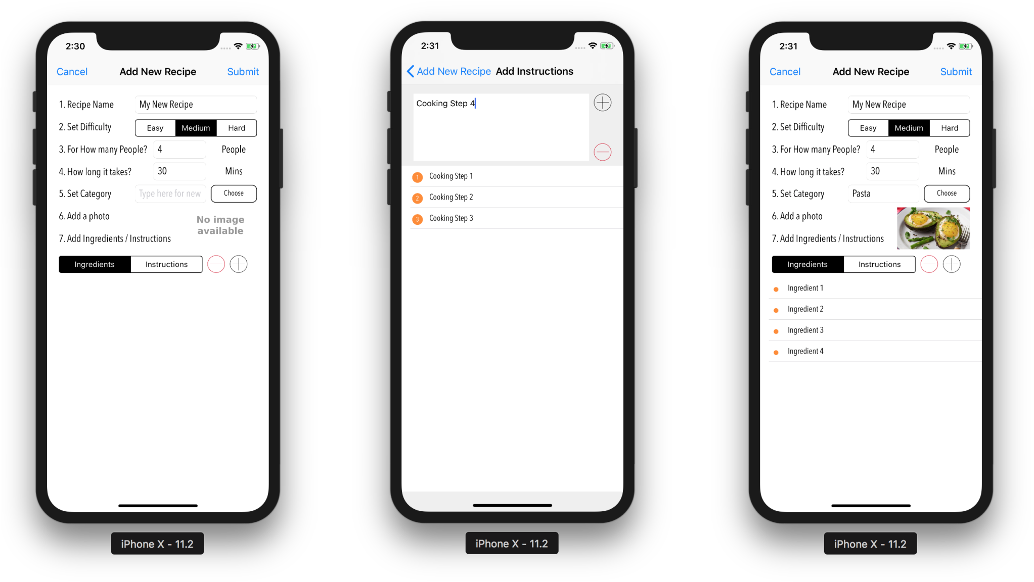 White iPhone 桌布 壁紙 — 三個 iPhone 螢幕顯示一個食譜應用程式介面，用於添加新食譜，包含名稱、難度、份量、時間、類別、照片、食材和說明等欄位。