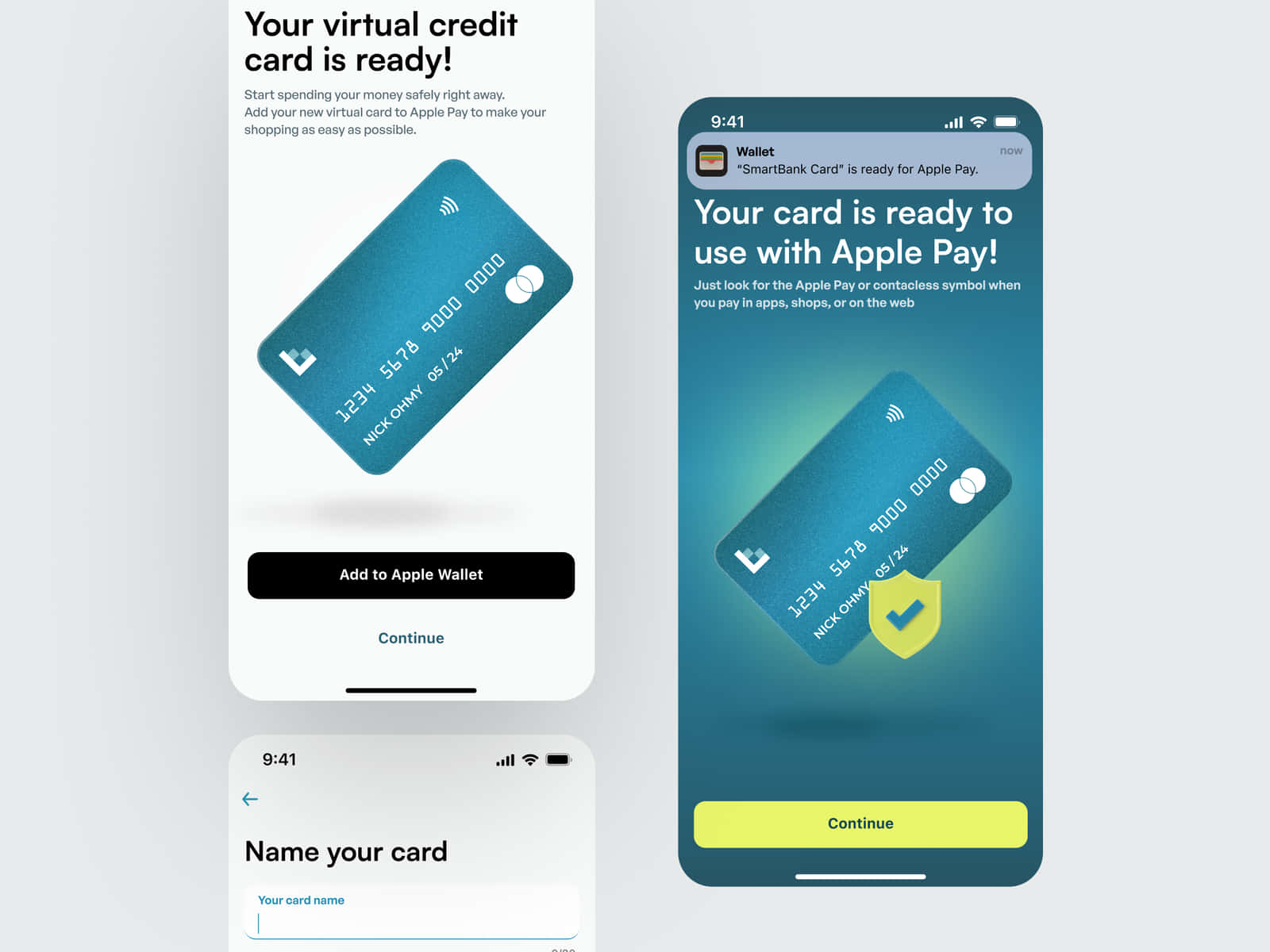 Smartphone 桌布 壁紙 — 三個 iPhone 螢幕顯示將虛擬信用卡加入 Apple Wallet 的步驟，採用青綠色卡面設計。