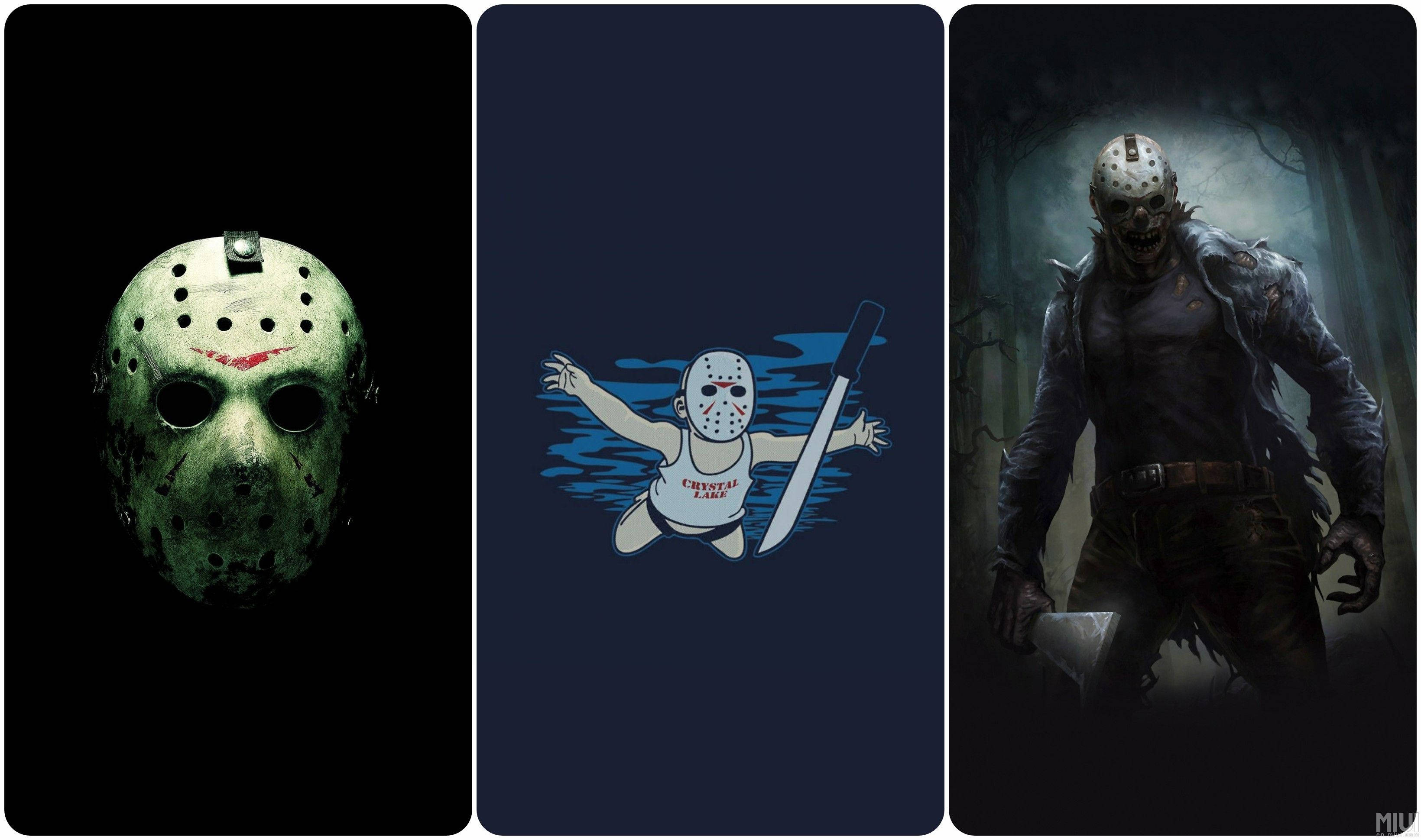 jason 桌布 壁紙 — 三個 Jason Voorhees 描繪：特寫面具、卡通嬰兒版本和森林中的威脅人物。