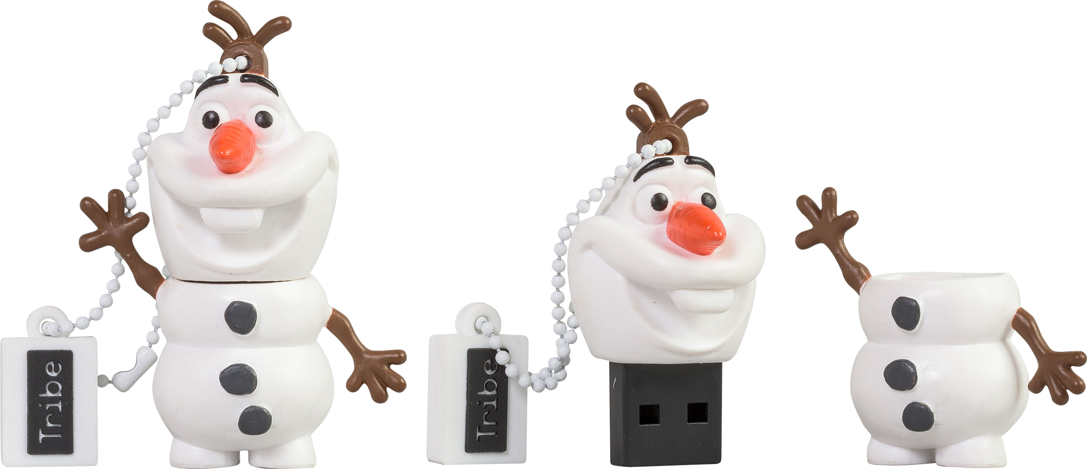 雪寶 桌布 壁紙 — 三個 Olaf USB 隨身碟，採用雪人設計和樹枝手臂，立於中性背景前。