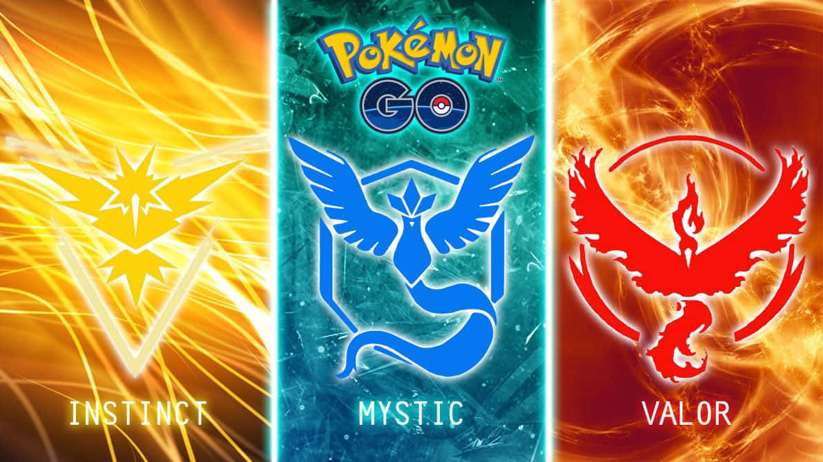 Pokemon Landscape 桌布 壁紙 — 三個 Pokémon GO 團隊標誌—Instinct、Mystic 和 Valor—在鮮豔的彩色背景上散發著動態能量。