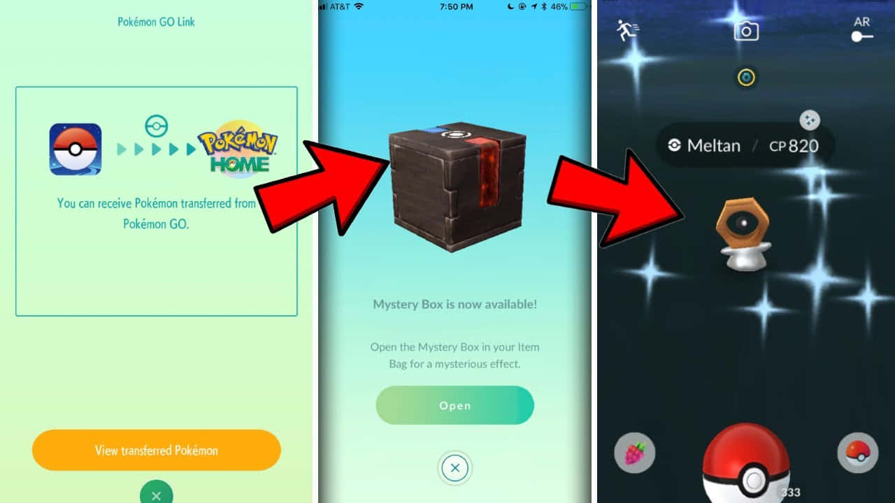 Box 桌布 壁紙 — 三個 Pokémon GO 應用程式畫面，顯示從 GO Home 傳送 Pokémon、神秘盒子以及帶有閃爍星星的 AR 中的 Meltan。