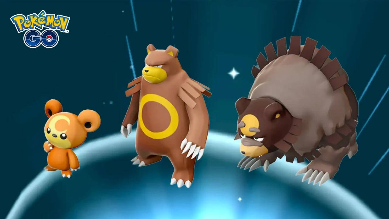 3D 桌布 壁紙 — 三個 Pokémon 角色在發光的藍色宇宙背景上漂浮，帶有星爆和 Pokémon GO 標誌。