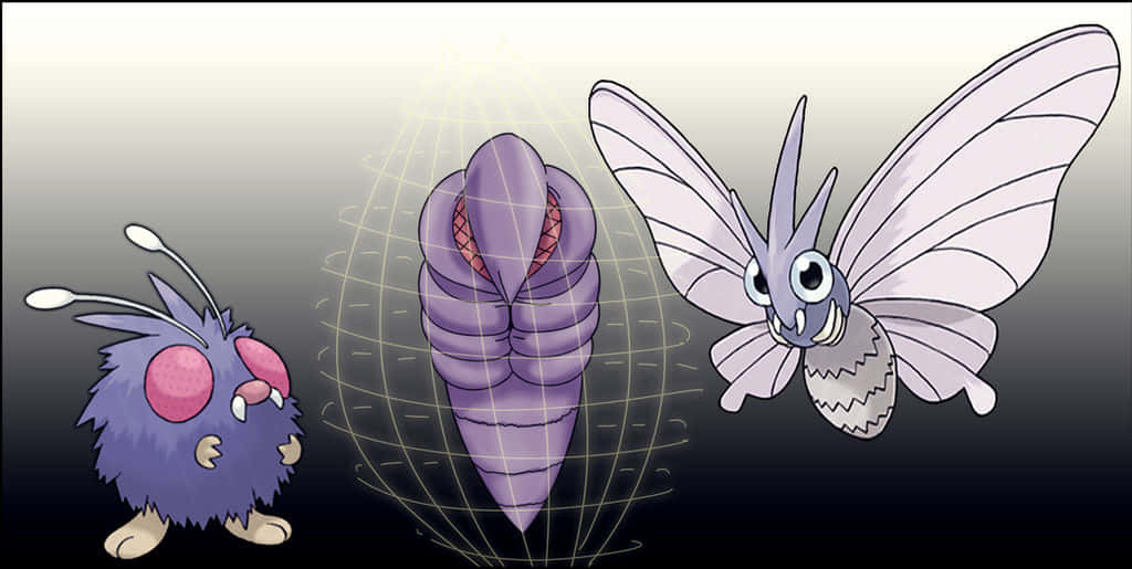 Illustration Art 桌布 壁紙 — 三個 Pokémon 進化階段顯示在發光網格中，背景為深色漸變。