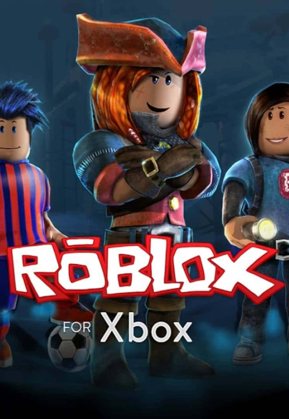 game 桌布 壁紙 — 三個 Roblox 虛擬角色自信地站在昏暗場景中，Roblox for Xbox 標誌顯眼展示。