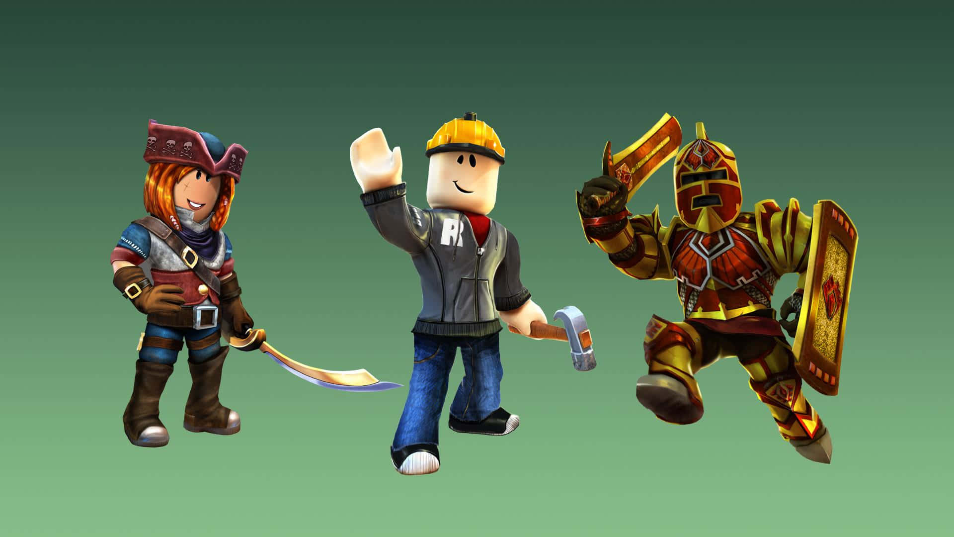 Roblox Character 桌布 壁紙 — 三個 Roblox 頭像並排站立：一個海盜手持劍，一個建造者手持錘子，一個騎士手持盾牌和劍。