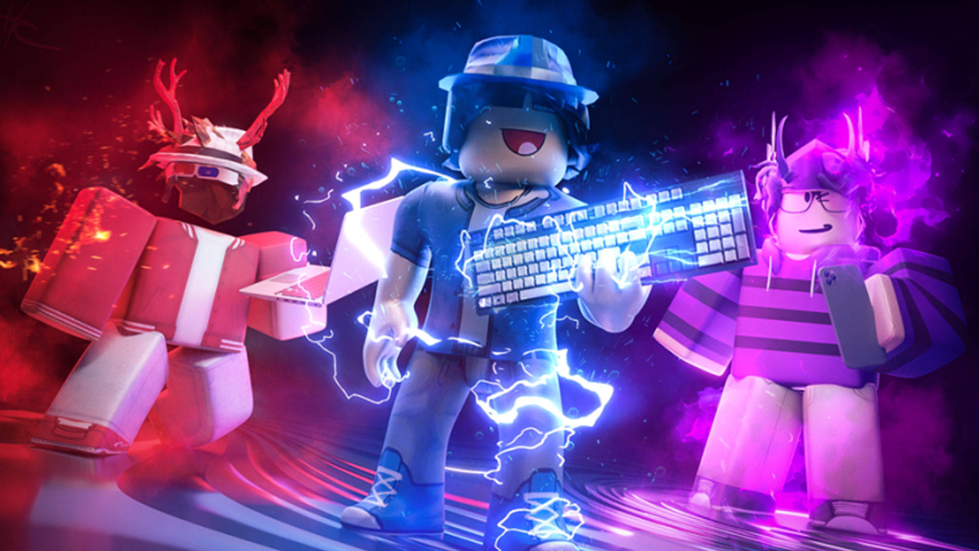 Cool Roblox 桌布 壁紙 — 三個 Roblox 頭像在火紅與霓虹紫色的宇宙背景下，散發著電光能量。