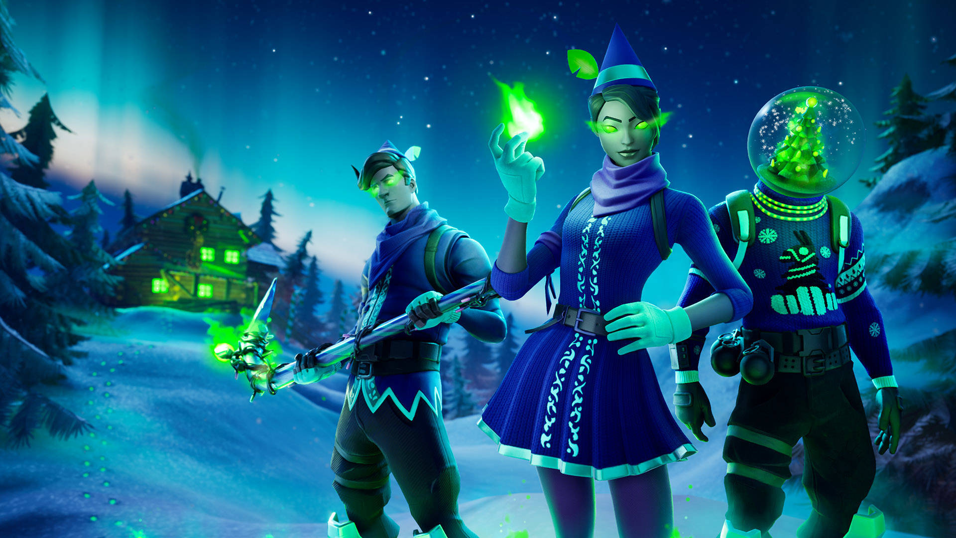 Fortnite 桌布 壁紙 — 三個《要塞英雄》角色穿著節日冬季裝備，在星空極光下的雪地景觀中發出綠色能量。