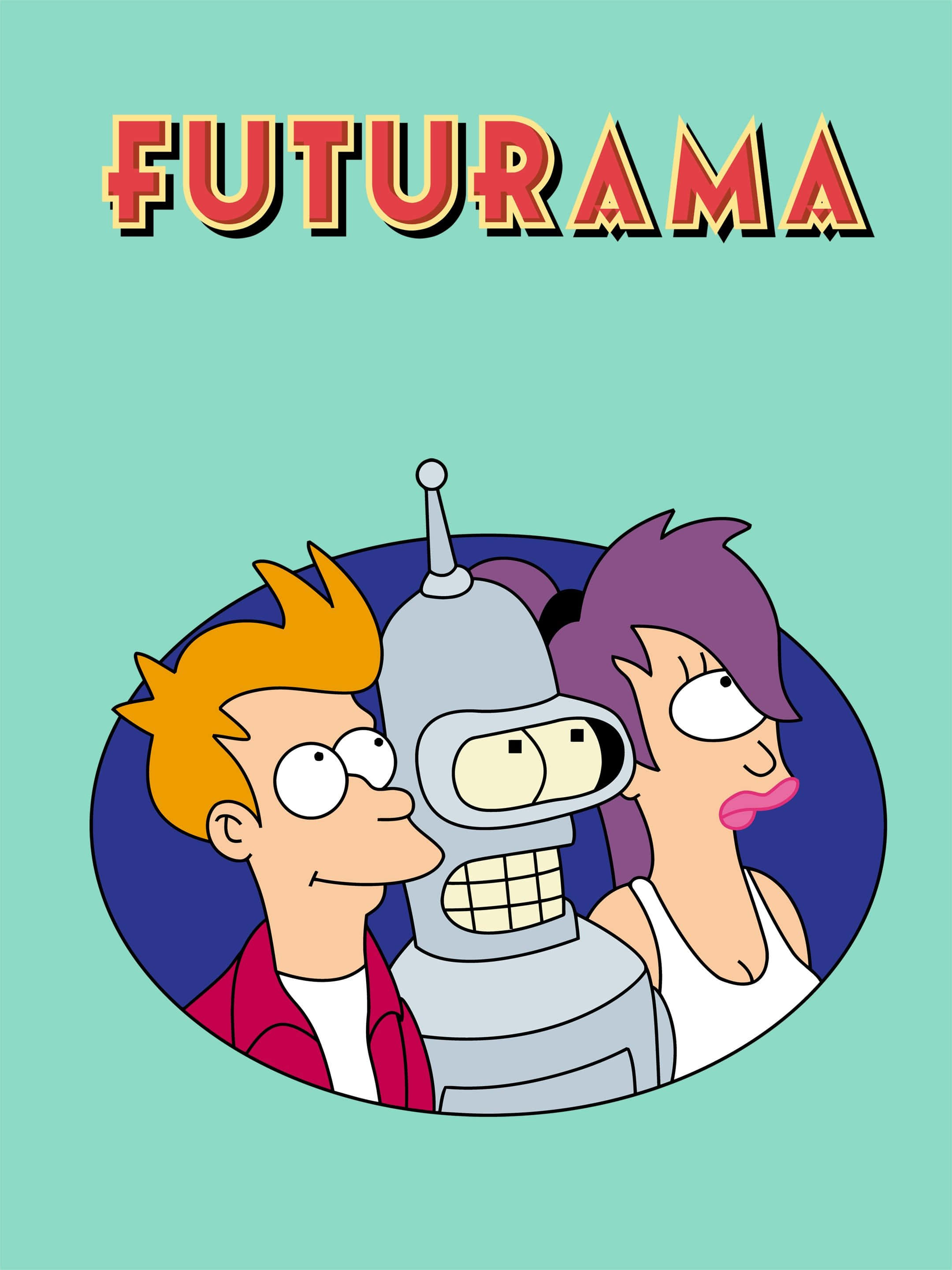 Futurama 桌布 壁紙 — 三個《飛出個未來》角色在青綠色背景上微笑，上方有節目名稱。