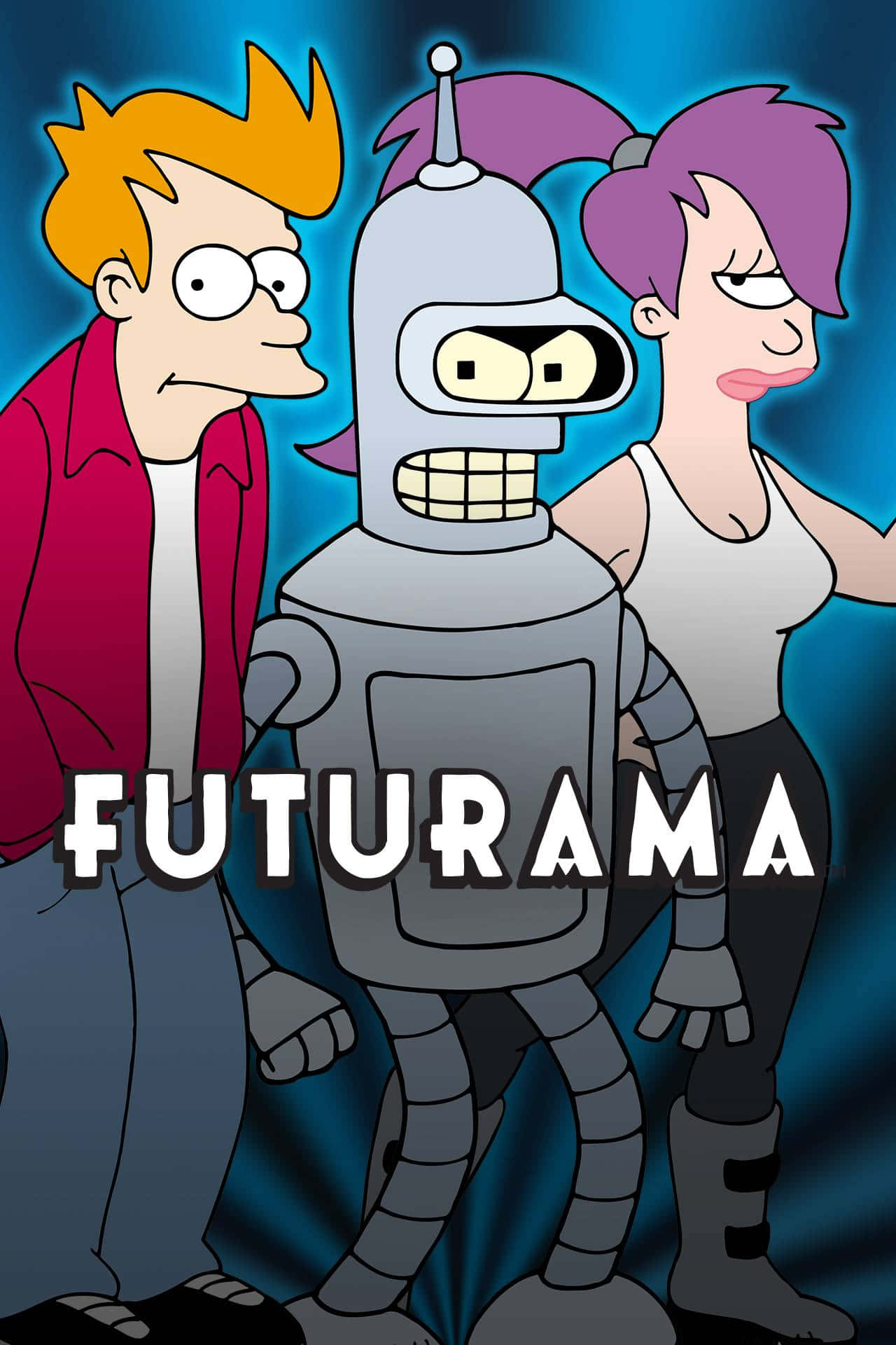Futurama 桌布 壁紙 — 三個《飛出個未來》角色站在發光藍色背景前，節目標題顯眼地展示。